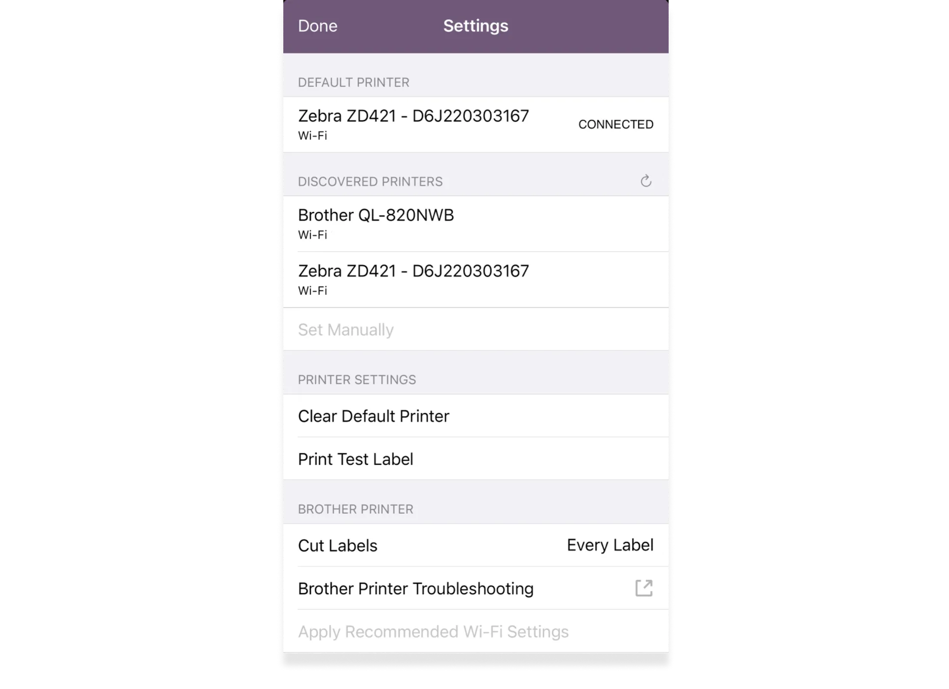 Mobile settings screen showing default printer "Zebra ZD421" (connected), discovered printers (Brother QL-820NWB, Zebra ZD421) and printer settings options.