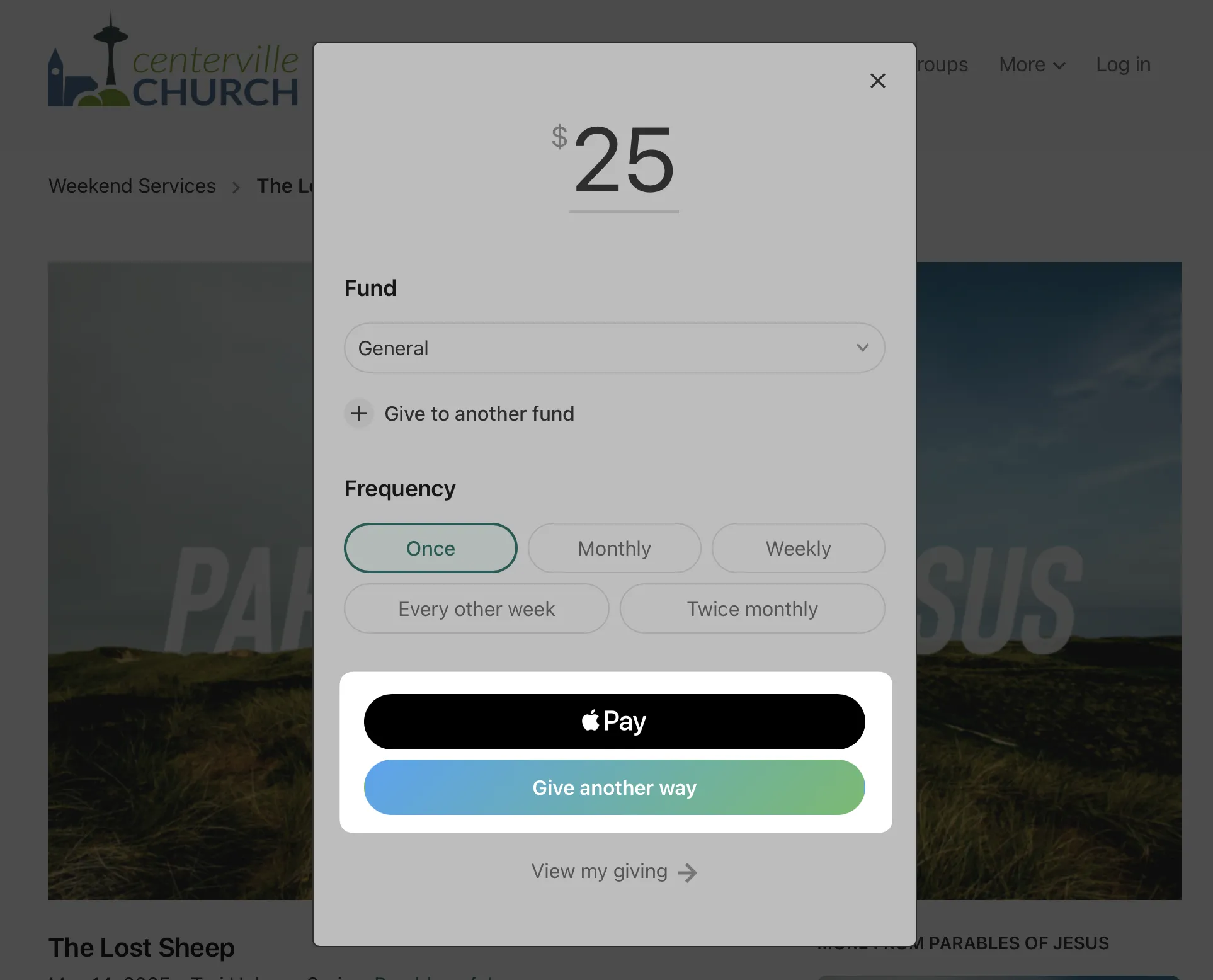 Donation page showing a $25 contribution option with Apple Pay and other payment methods at a church website.