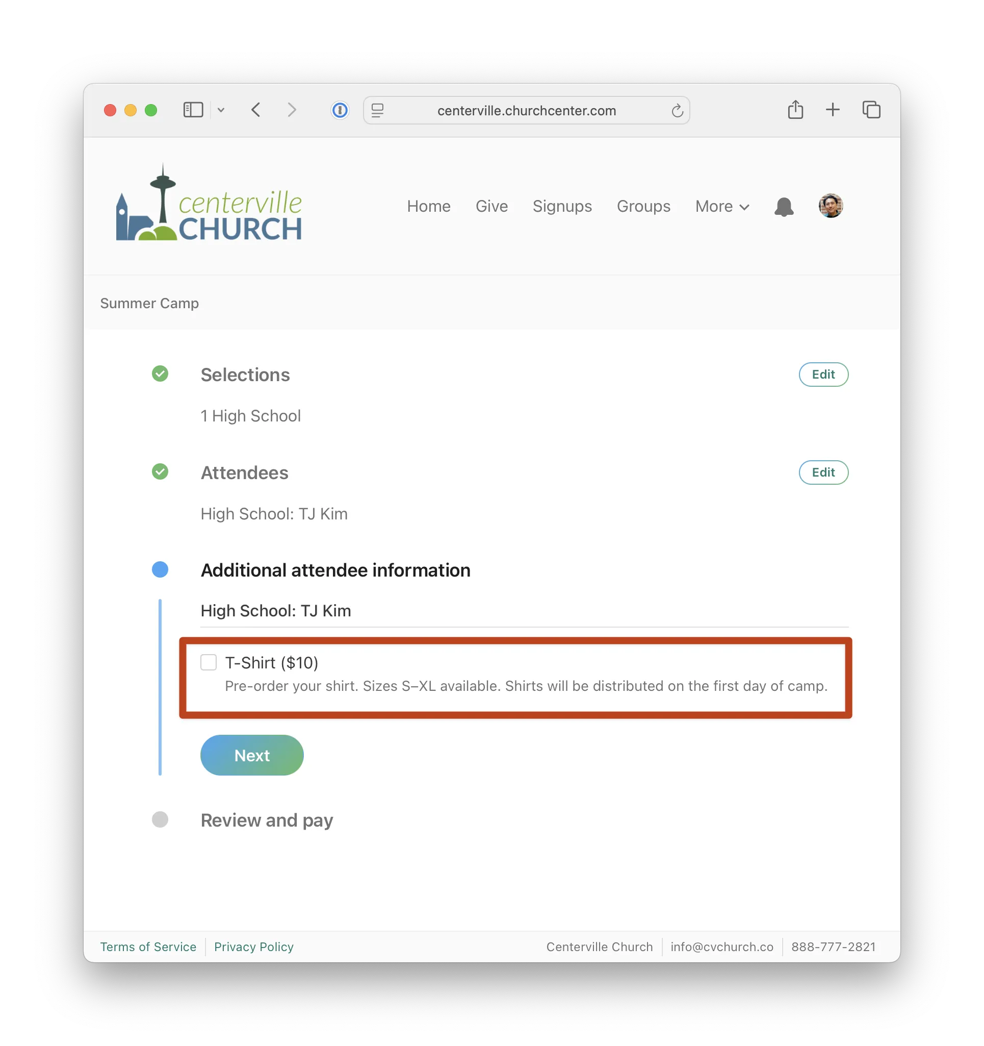 Centerville Church summer camp sign-up page showing T-shirt pre-order add-on option with description for $10, sizes S-XL, distributed at camp start.