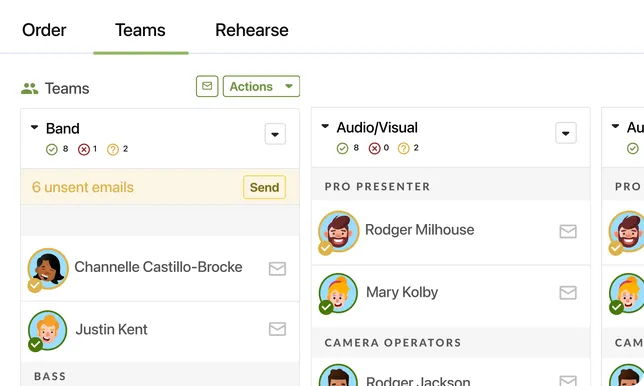 A team management interface displaying tabs for "Order," "Teams," and "Rehearse" with detailed roles in Band and Audio/Visual sections.