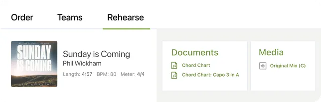 Music track interface displaying "Sunday is Coming" by Phil Wickham, with details and links to chord charts and media in a grid layout.