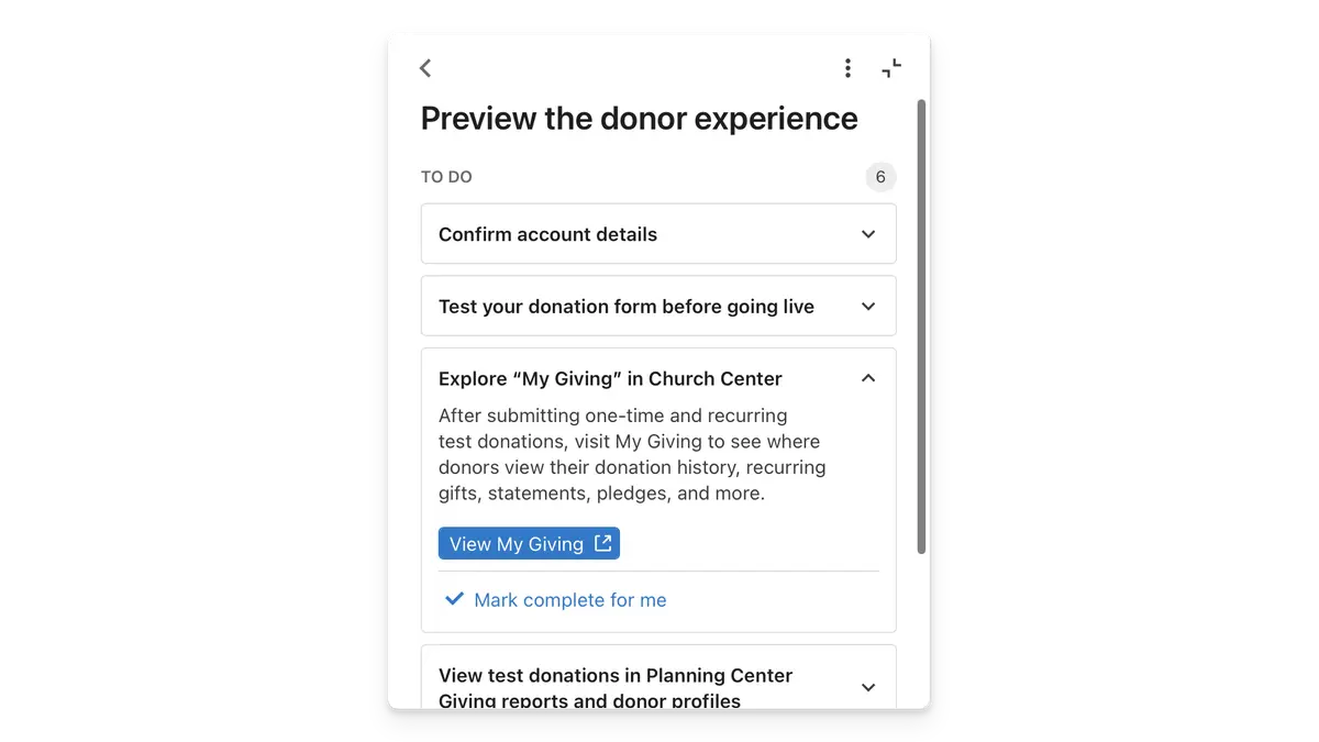 Preview of donor experience showing a to-do list with options to confirm account details, test donation forms, and explore "My Giving" in Church Center.