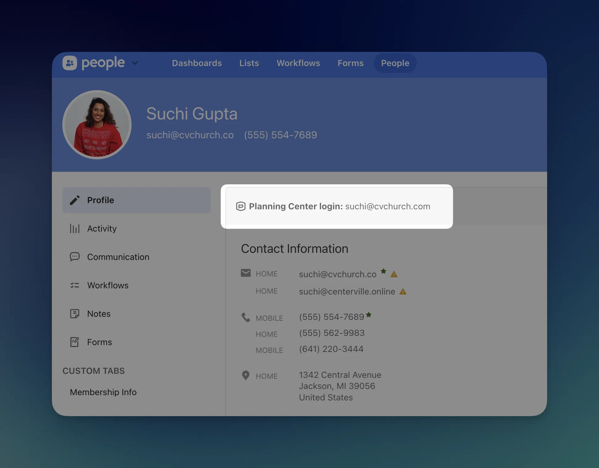 Profile page displaying contact information for a person named Suchi Gupta, including email and phone numbers, with a highlighted login email.