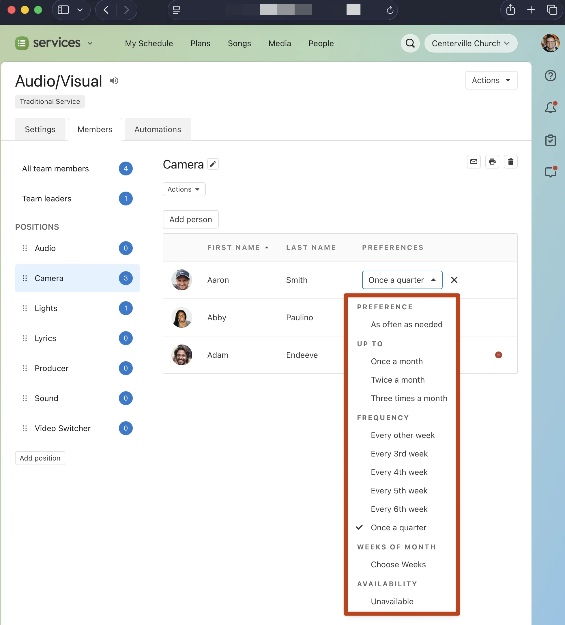 A software screen showing a team schedule with options for camera preferences and frequency, such as "Once a quarter" and "Every 6th week".