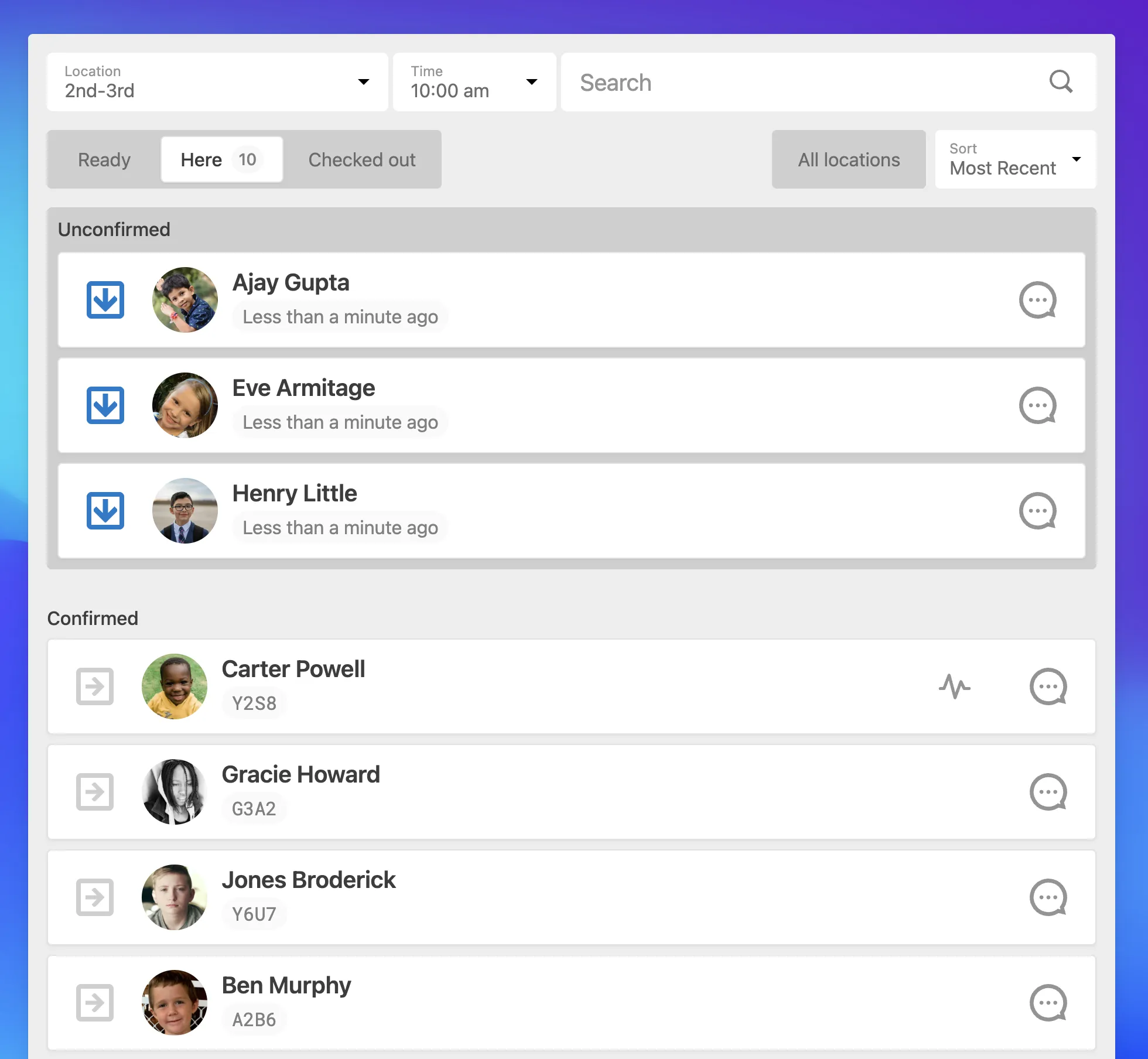 A digital interface displaying a list of unconfirmed and confirmed attendees with names, timestamps, and icons on a gradient background.