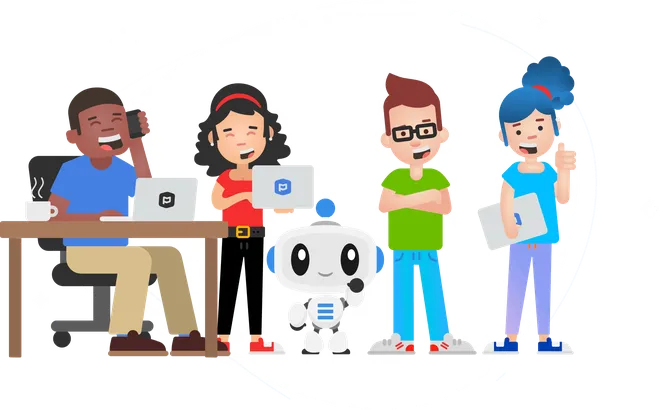 Illustration of four animated characters and a robot. One is on a call, others hold laptops. They appear cheerful and collaborative.