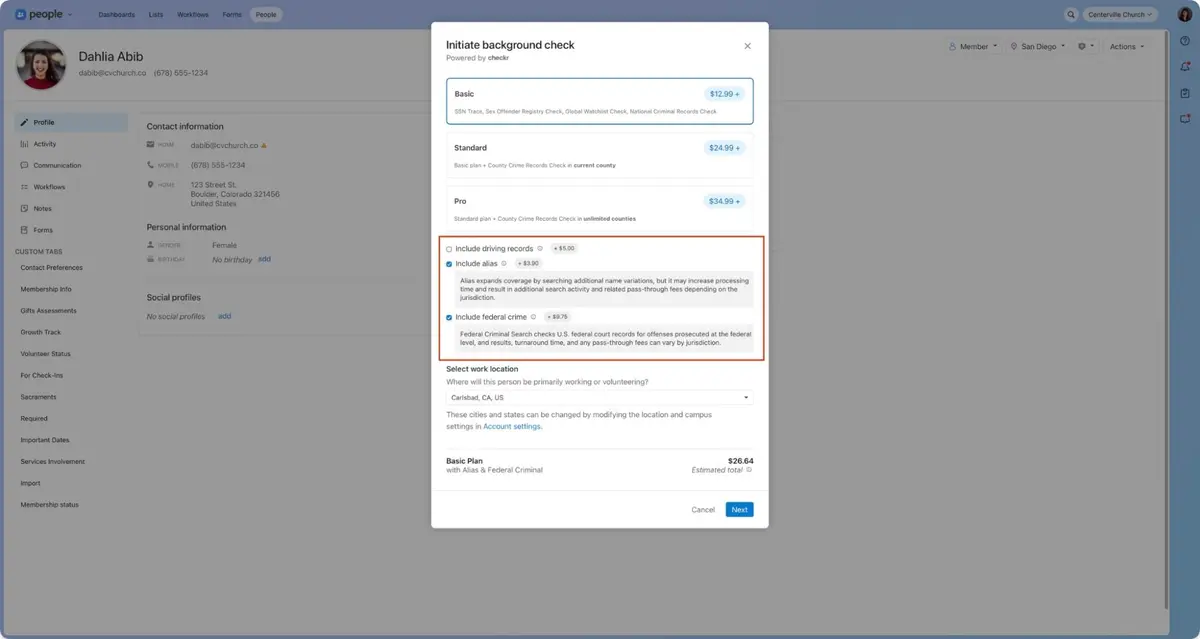 Profile management interface showing contact info and an "Initiate background check" window with pricing options.
