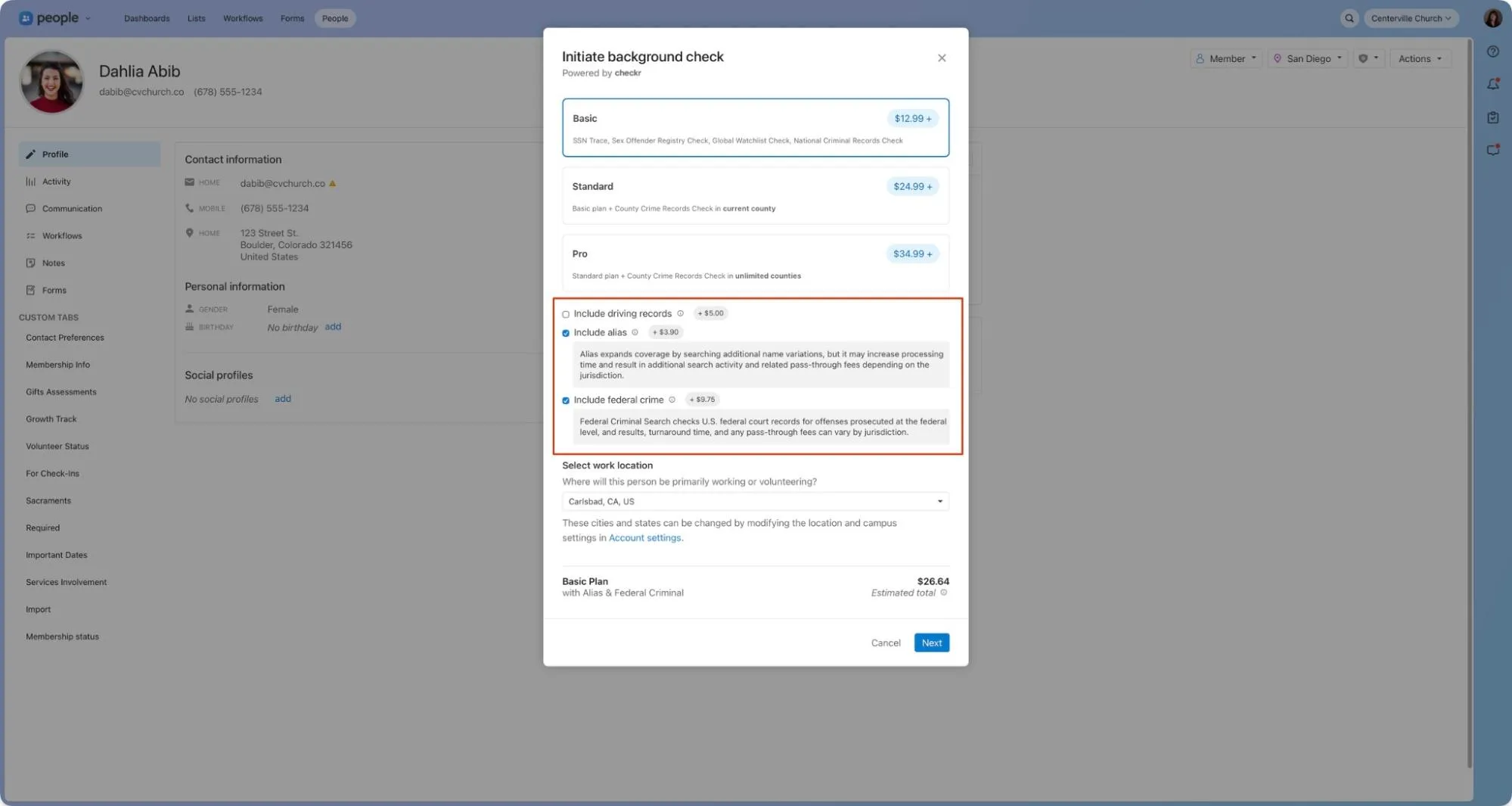 Profile management interface showing contact info and an "Initiate background check" window with pricing options.