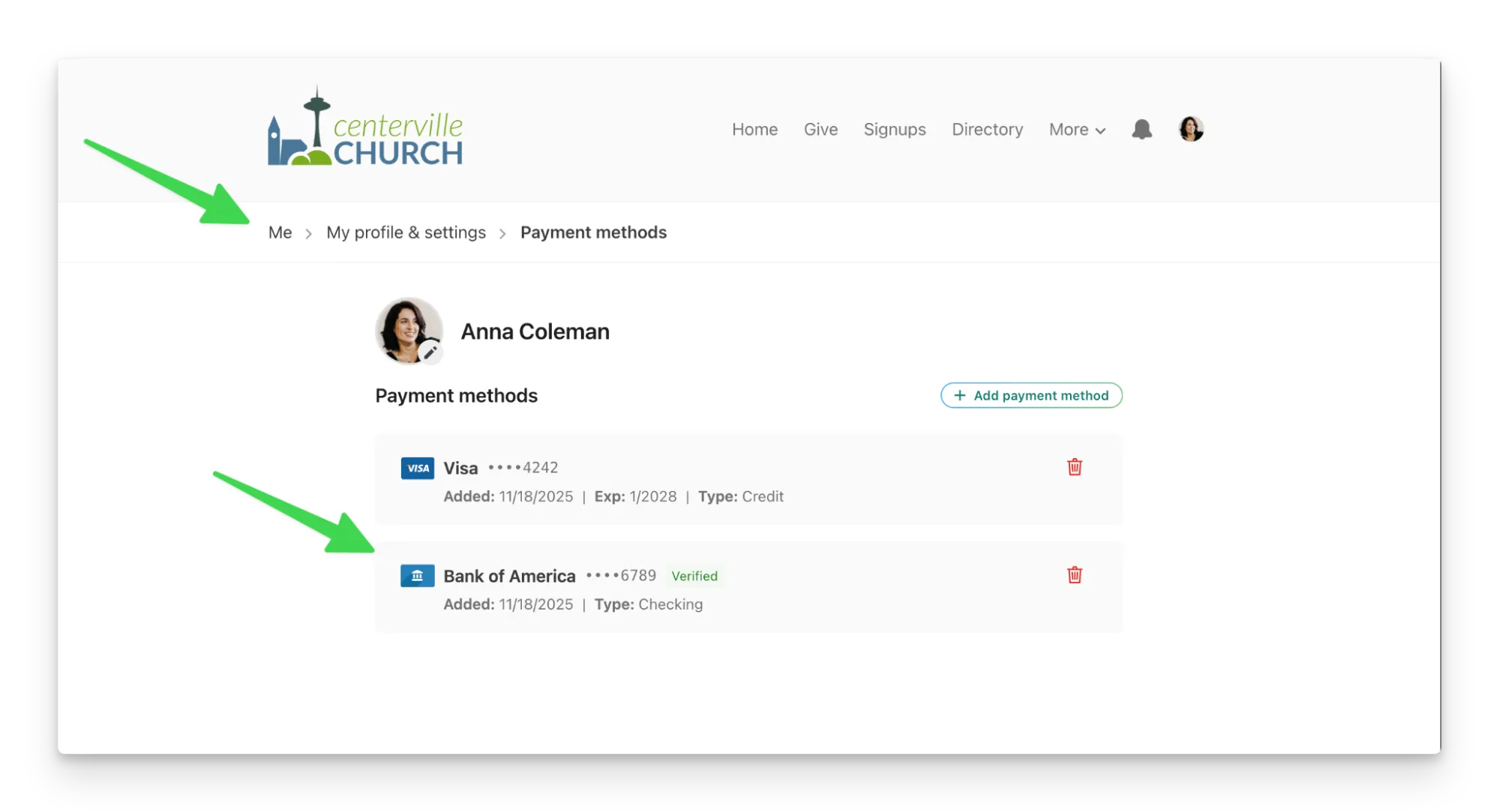 Payment methods page showing Visa and Bank of America accounts, with options to add or edit payment methods, on Centerville Church website.