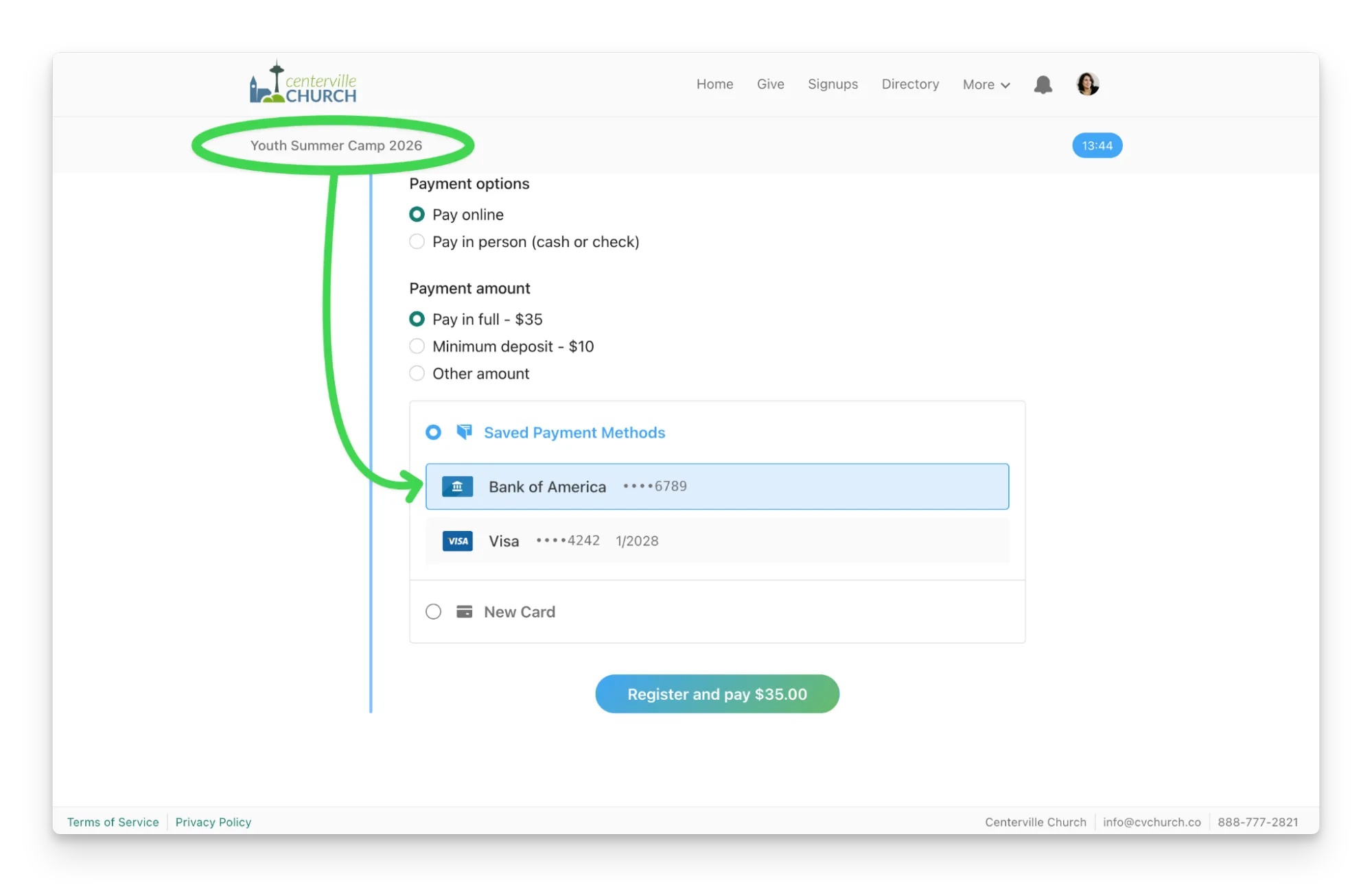 Payment page for "Youth Summer Camp 2026" with options for payment methods and amount. A Bank of America card is selected.