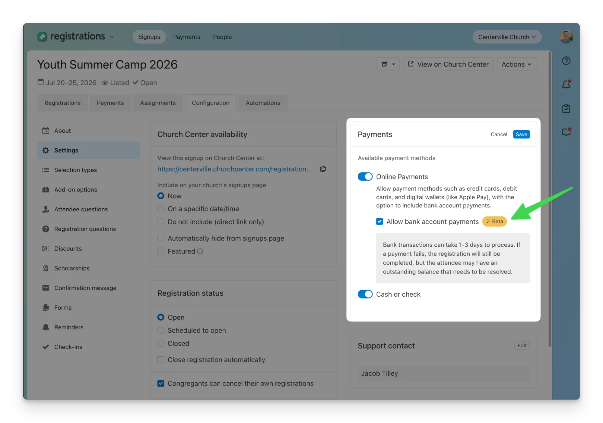 Registration settings page for a youth summer camp, highlighting the option to allow bank account payments with a green arrow.