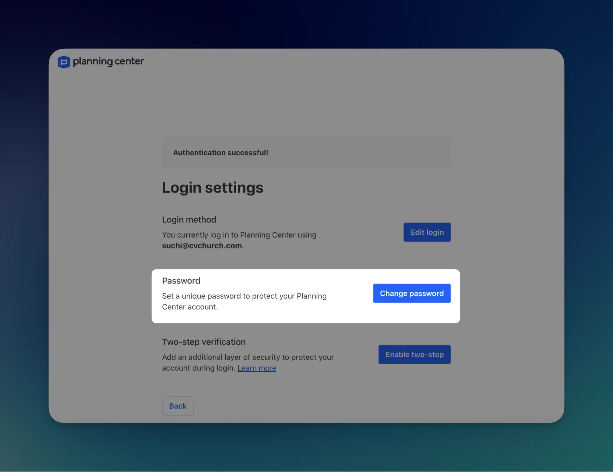 Login settings screen for Planning Center, highlighting the option to change the password. Authentication is successful.
