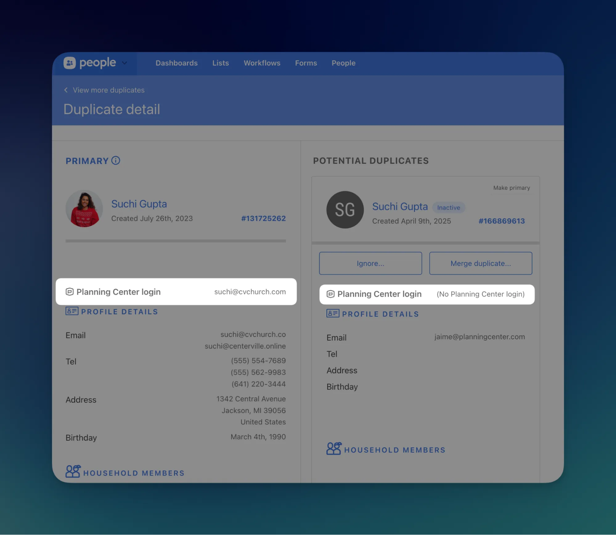 Screenshot of a duplicate detail page showing profiles for Suchi Gupta, highlighting differences in email addresses and associated details.
