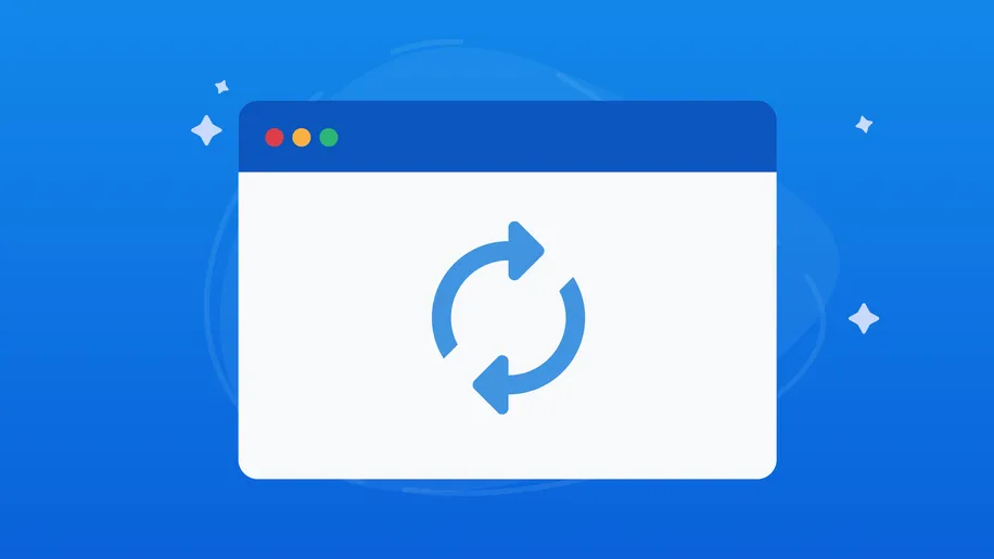 Browser window illustration with blue refresh symbol in the middle.