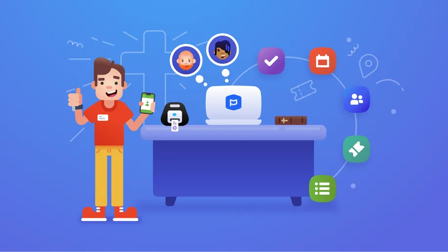 A smiling man giving a thumbs up and holding a phone next to a desk with a printing label maker.