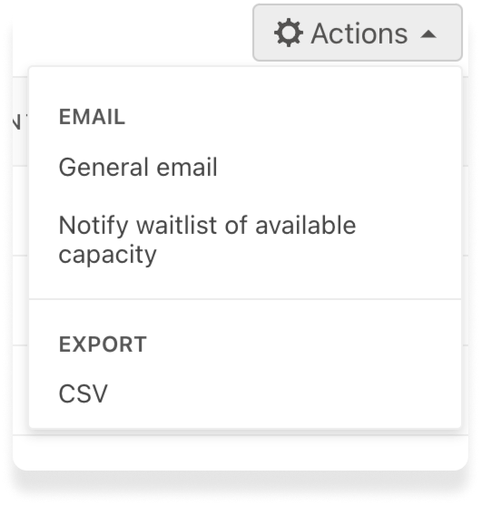 The Actions drop-down menu in Planning Center Registrations displaying the option to notify a waitlist of available capacity.