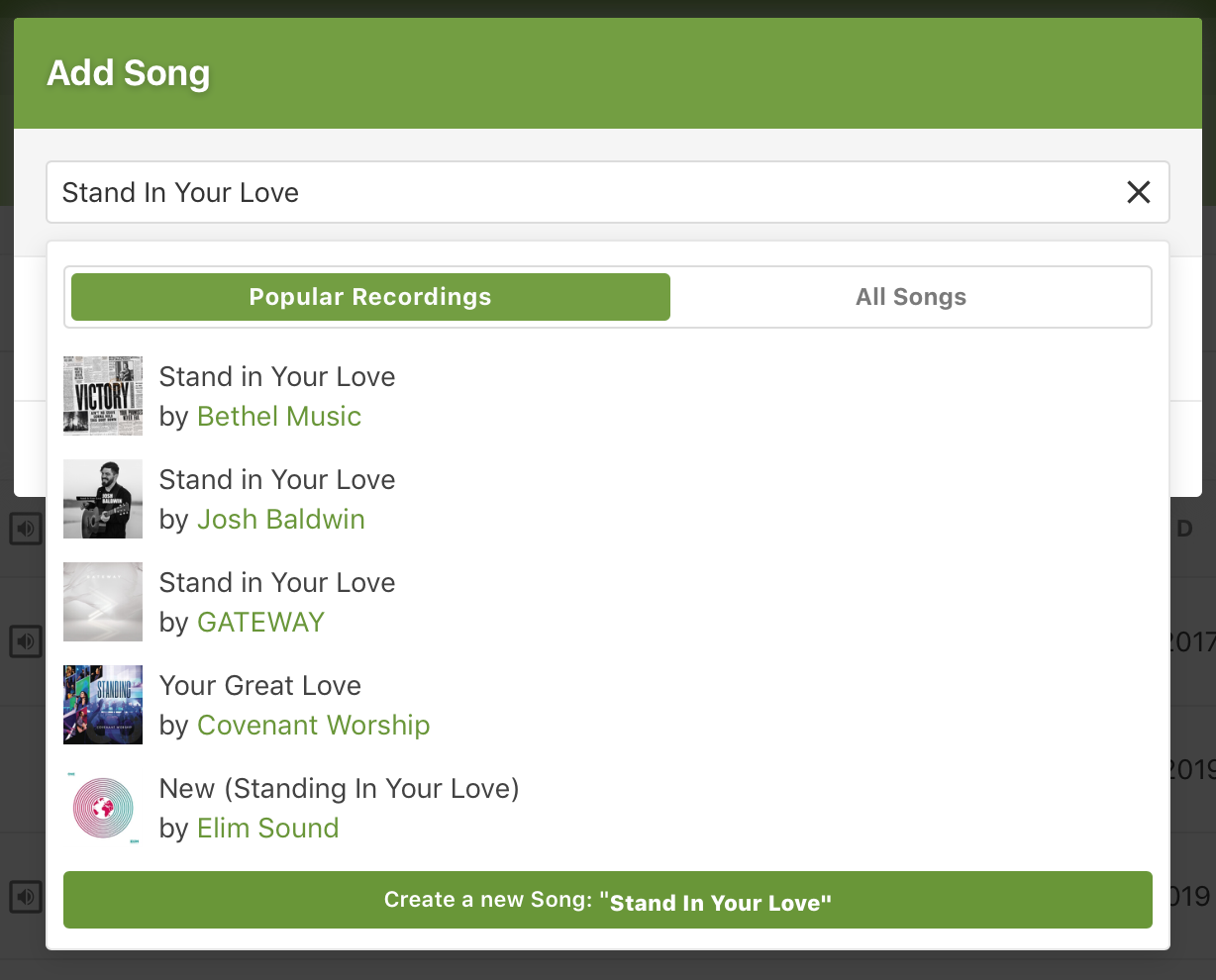 A modal to add songs with the option of sorting between popular recordings or all songs.