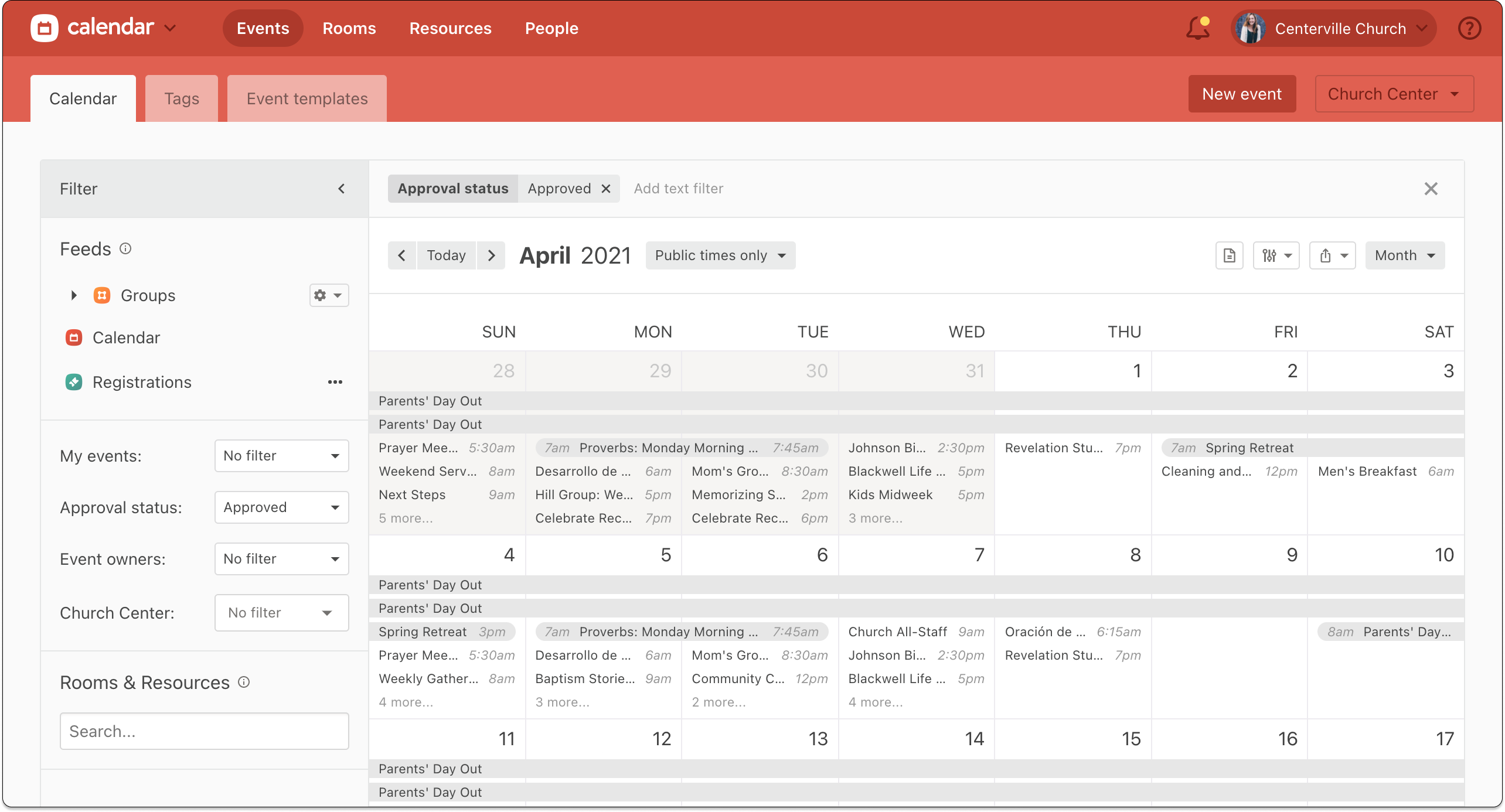 null The monthly view in Planning Center Calendar displaying all of the events across the month.