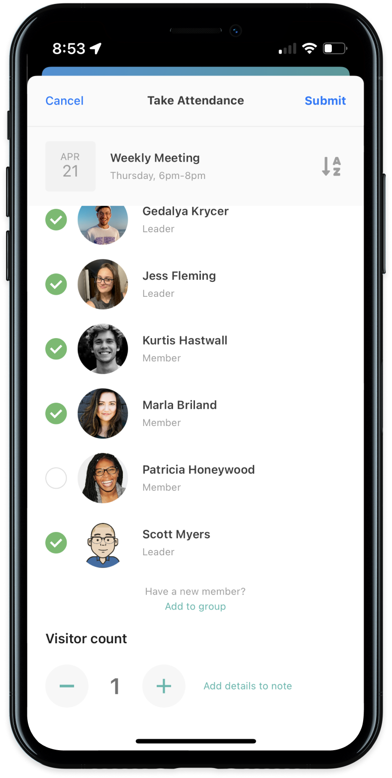 null iPhone with ui for taking attendance on Church Center