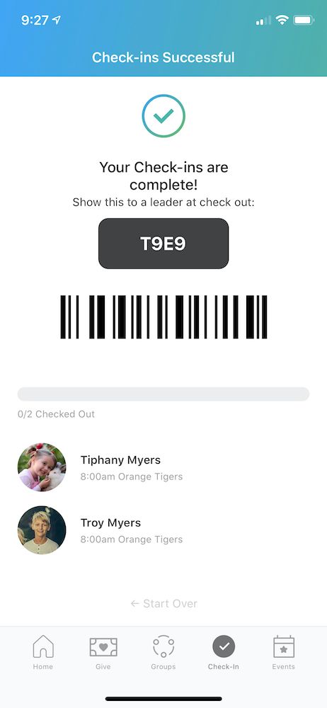 A successful check-in screen on mobile with the check-in code, bar code, and the names and pictures of children checked in.