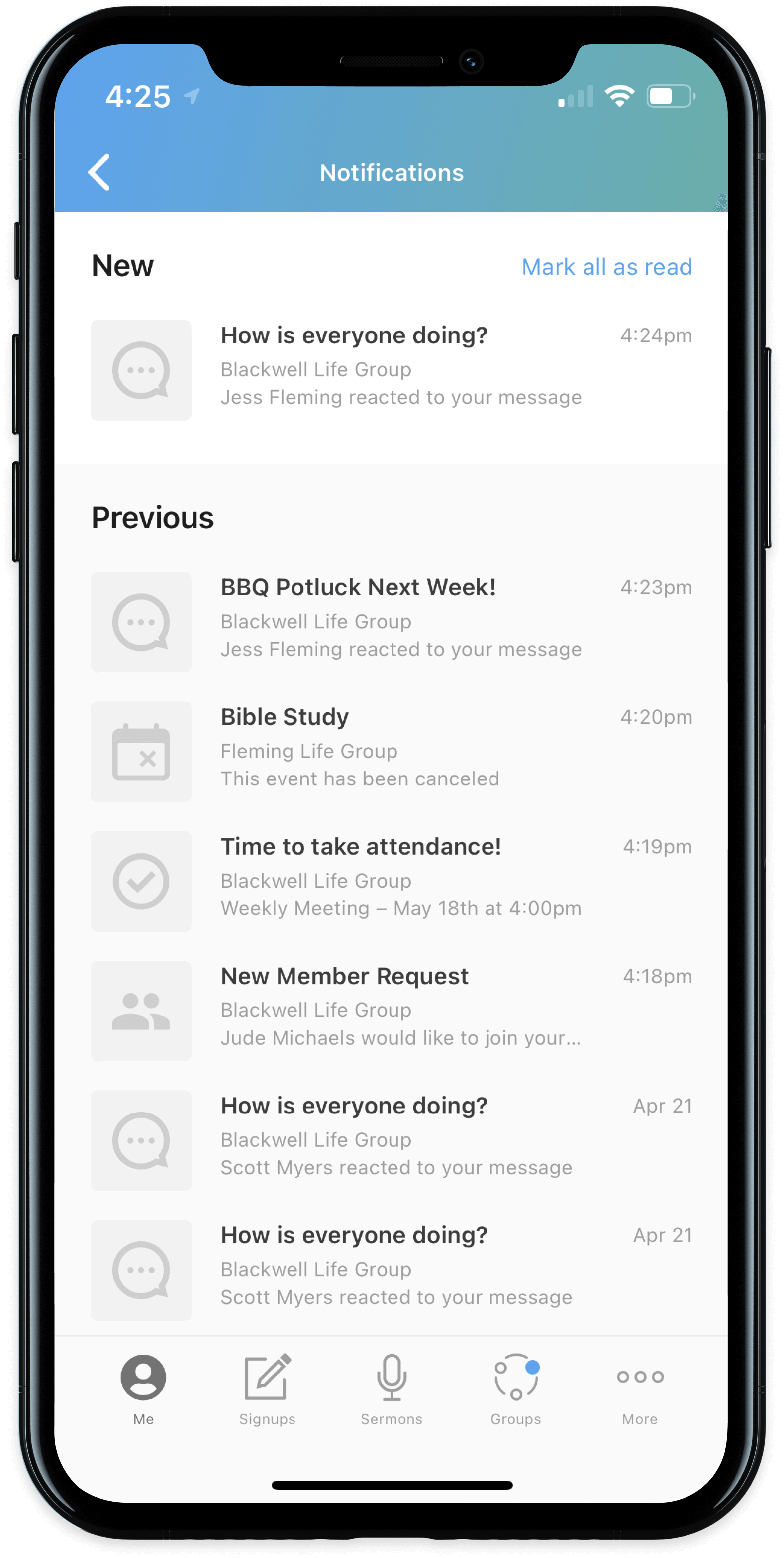 null iPhone with notifications screen on Church Center