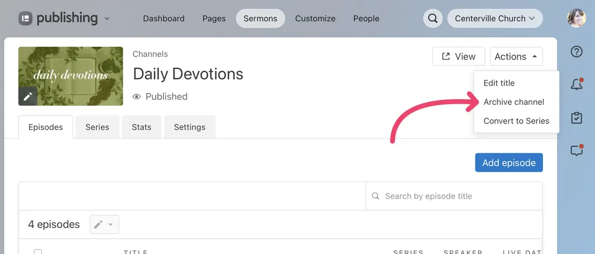 User interface of a publishing platform showing a channel titled "Daily Devotions" with options for editing and managing episodes.
