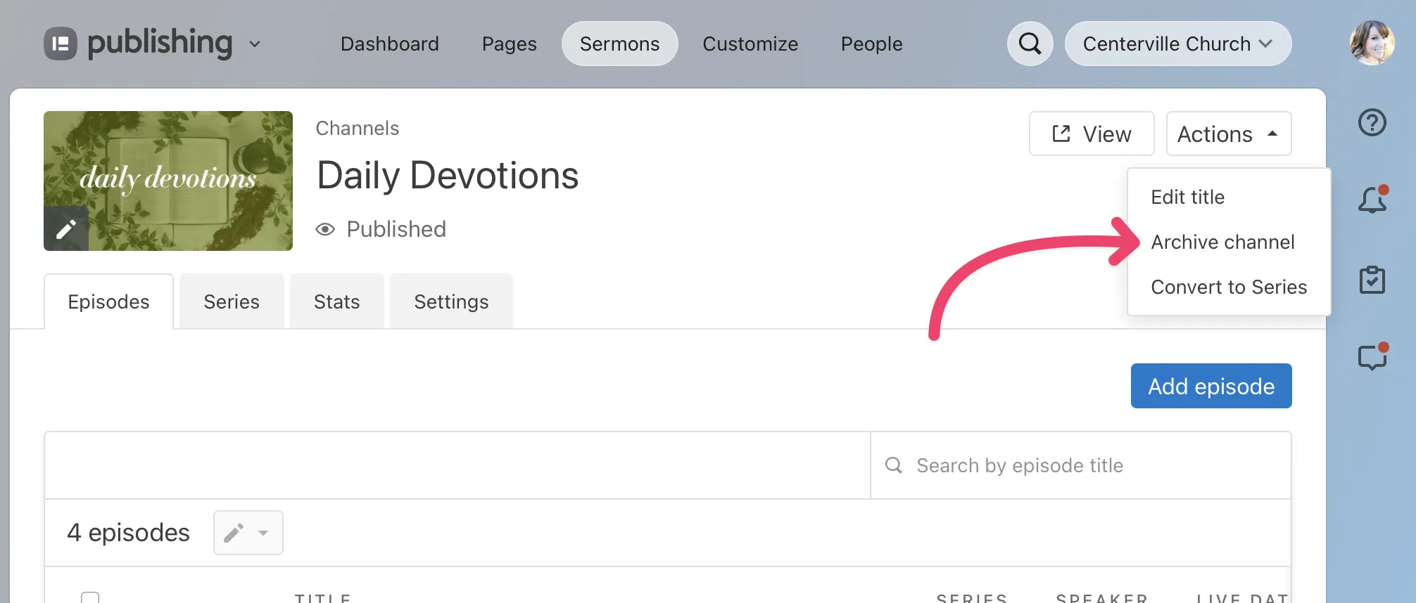 User interface of a publishing platform showing a channel titled "Daily Devotions" with options for editing and managing episodes.