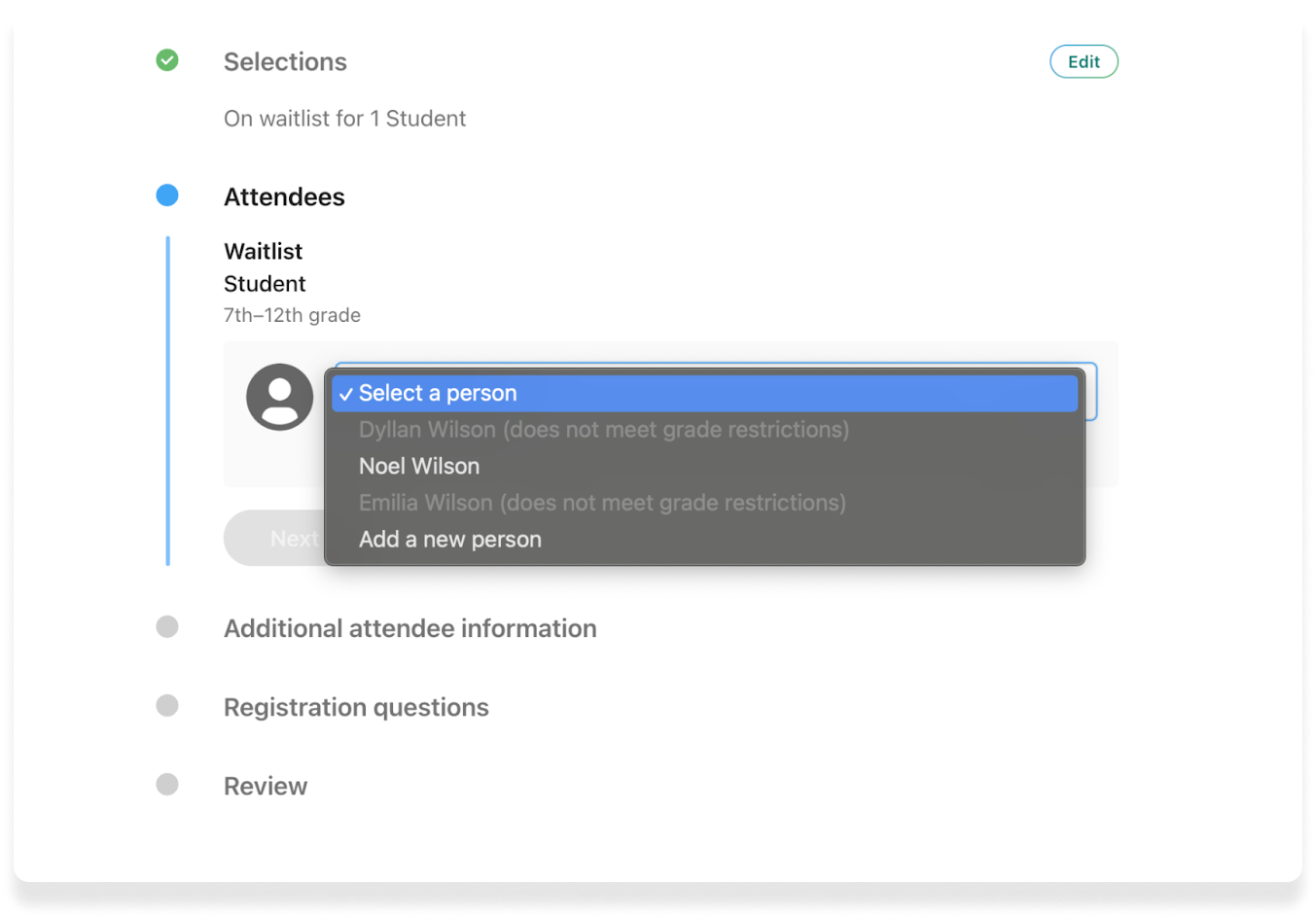 A drop-down menu on a Registrations signup displaying the option to select an attendee for a waitlist.