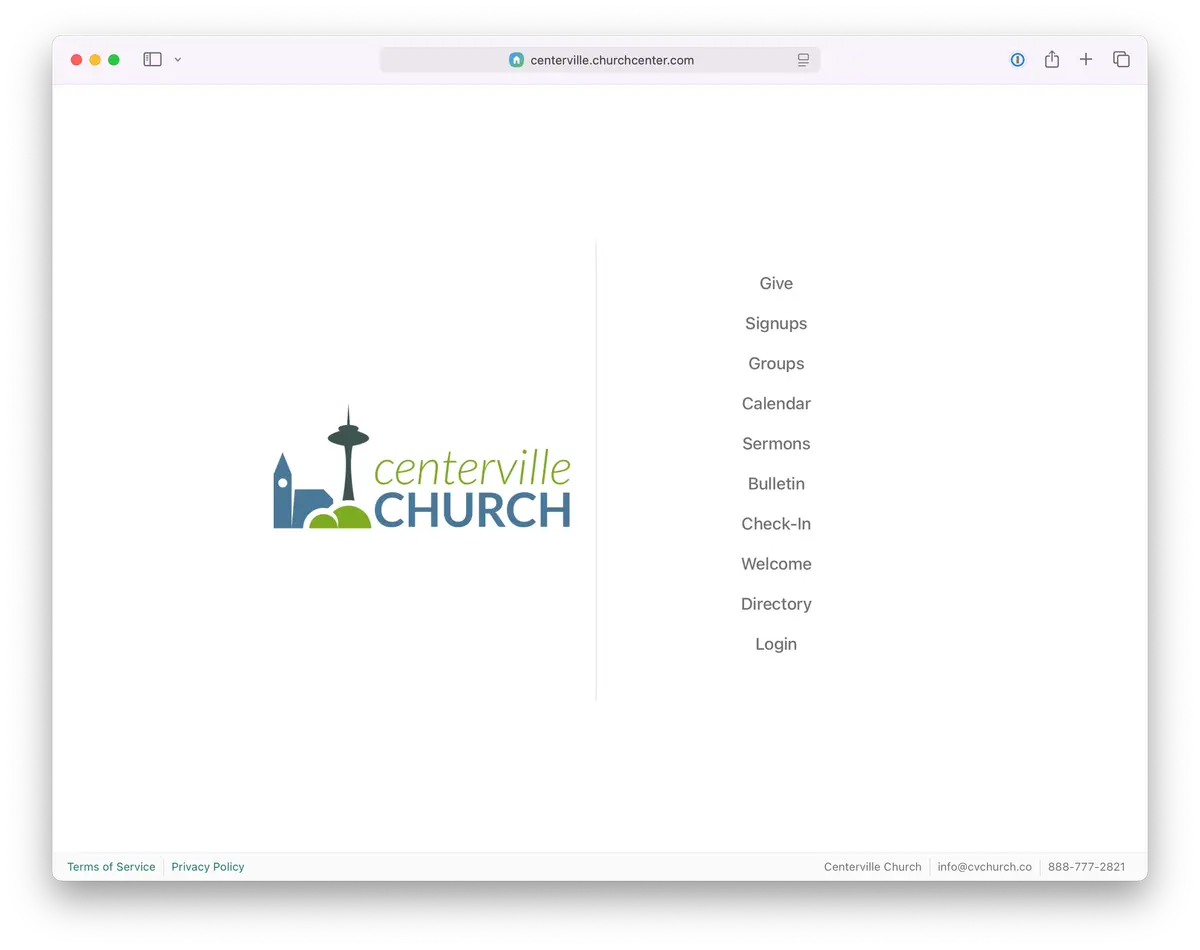 Centerville Church website homepage with a logo on the left and navigation menu options like Give, Signups, and Sermons on the right.