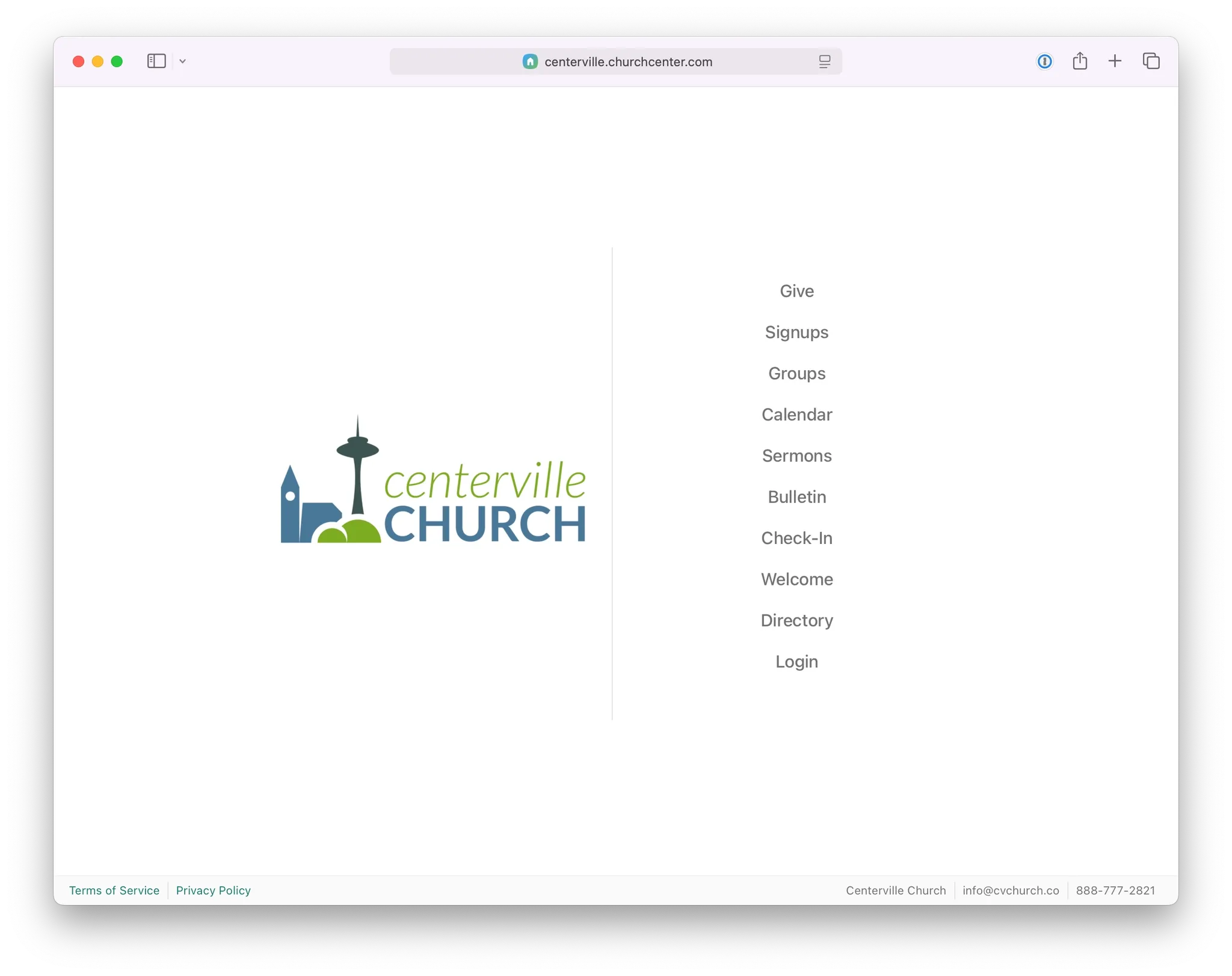 Centerville Church website homepage with a logo on the left and navigation menu options like Give, Signups, and Sermons on the right.