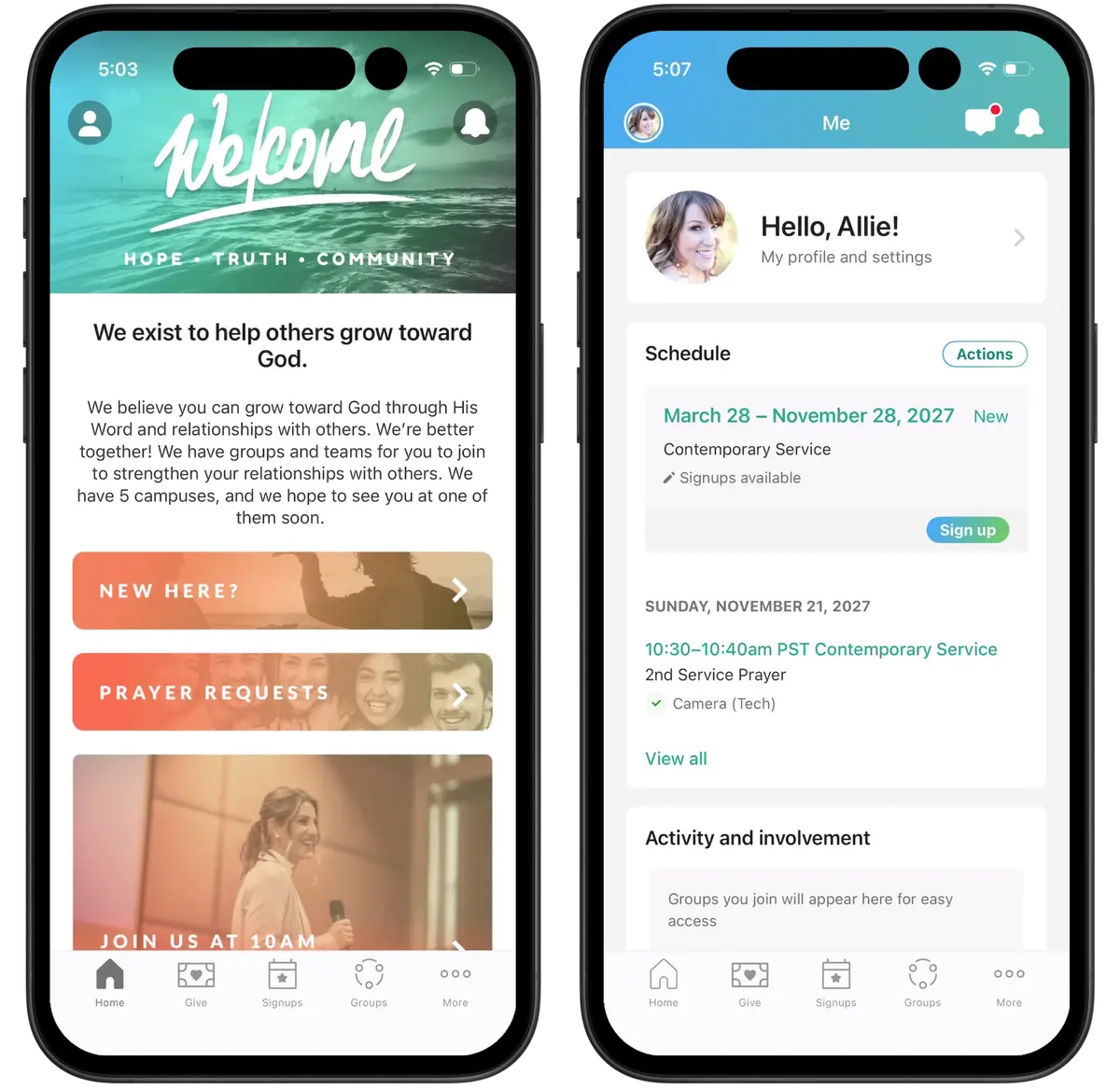 Two smartphone screens show a church app. One welcomes users; the other displays a personal profile and service schedule.