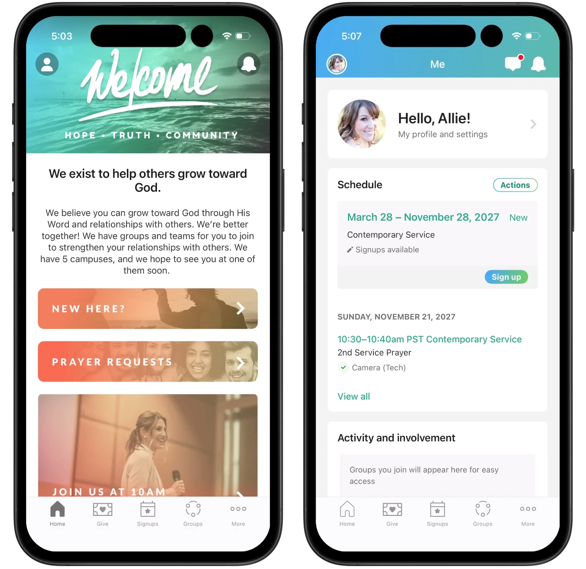 Two smartphone screens show a church app. One welcomes users; the other displays a personal profile and service schedule.