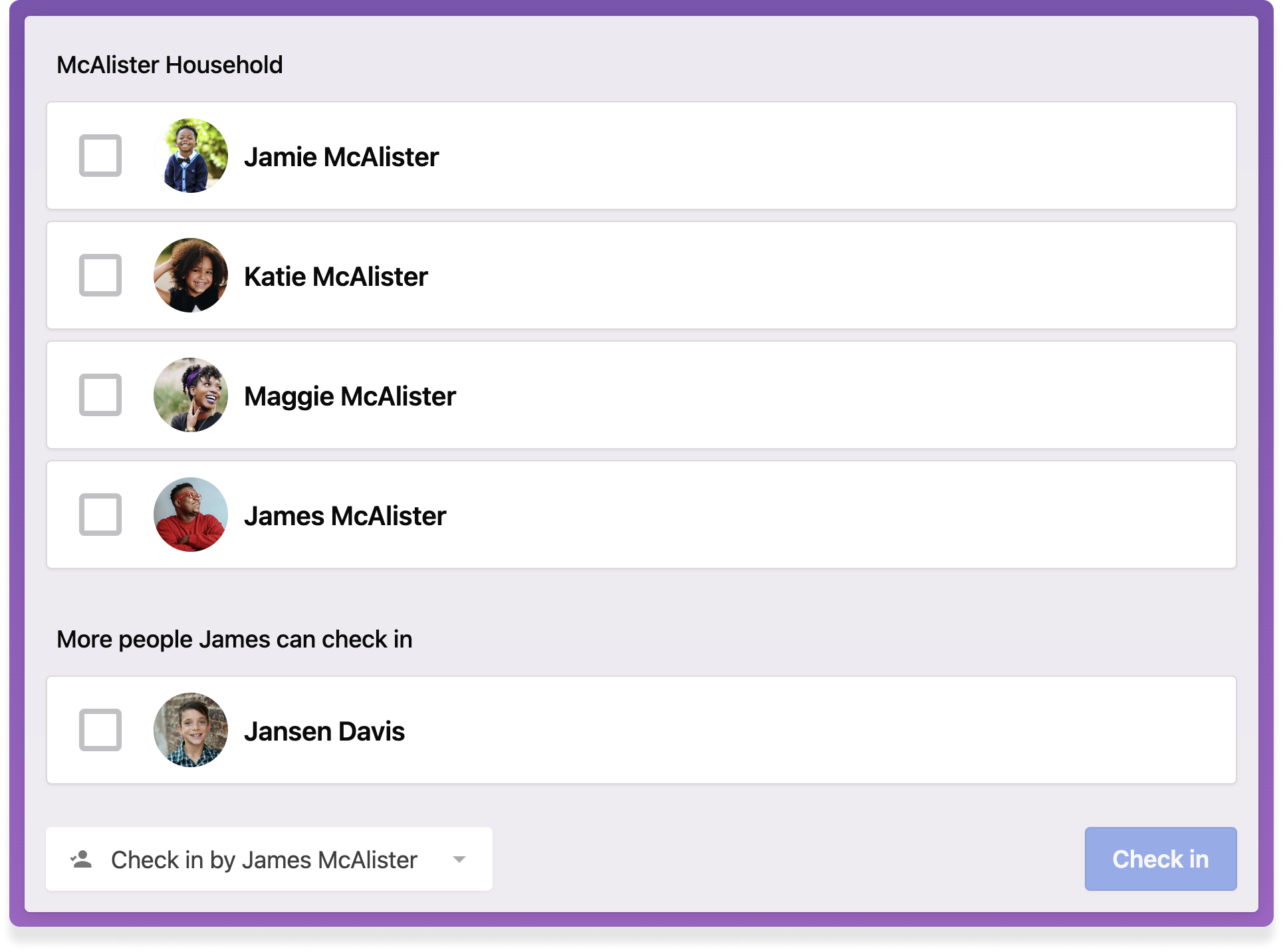 An entire household on a Check-Ins screen, with checkboxes next to profile pictures and names.