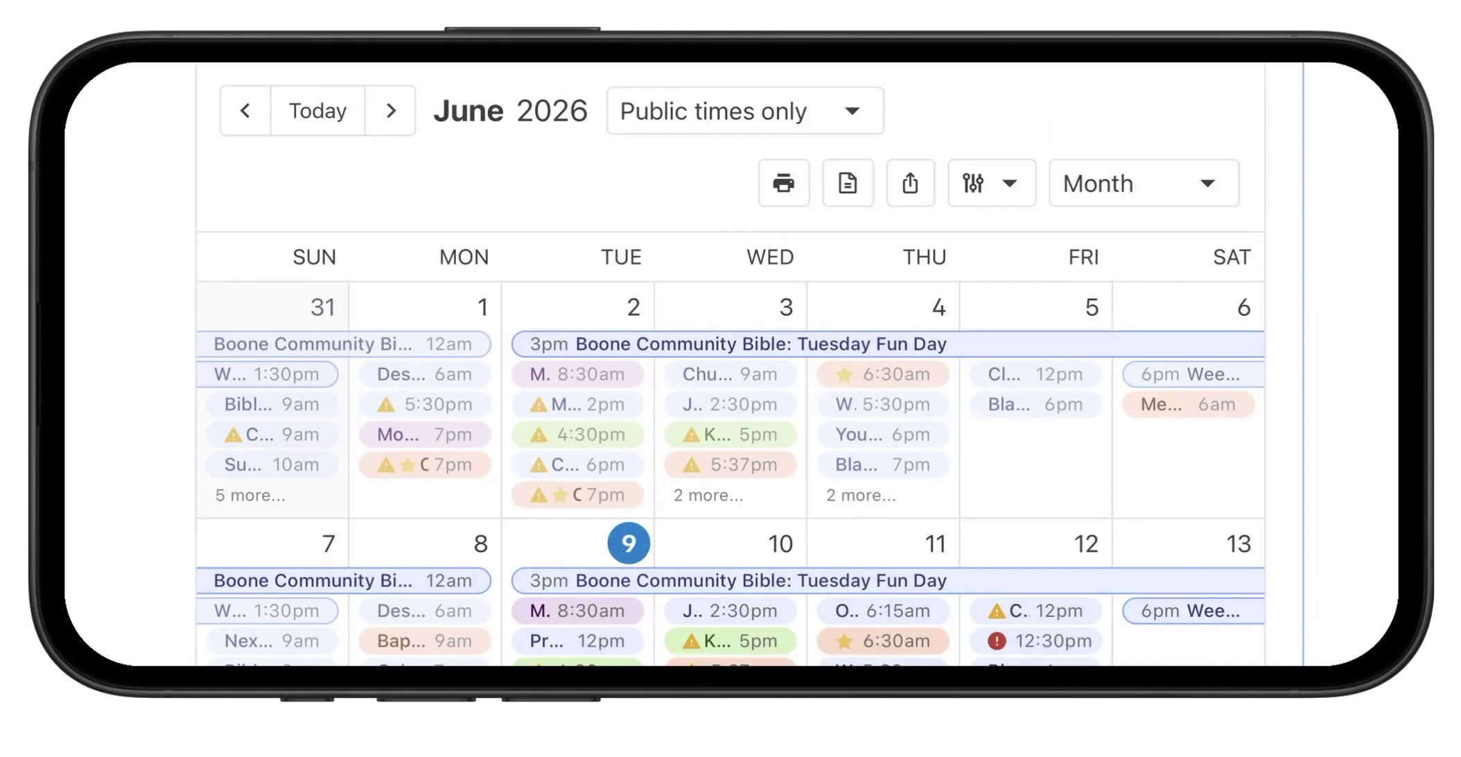 Digital calendar for June 2026 on a smartphone screen, showing various events and appointments across multiple days.