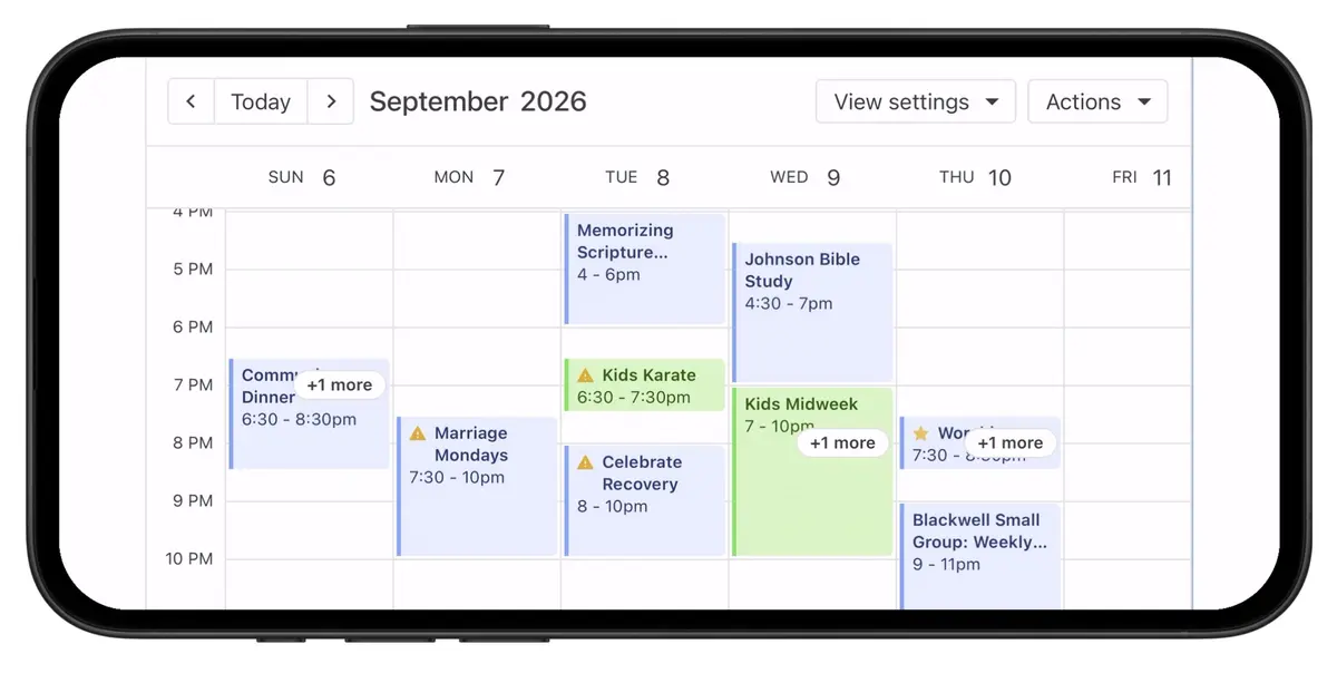 A digital calendar for September 2026 displaying scheduled events, including Kids Karate, Bible Study, Community Dinner, and Celebrate Recovery.