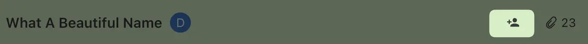 Text "What A Beautiful Name" with a letter "D" symbol in a circle, user icon on pale green background with number 23.