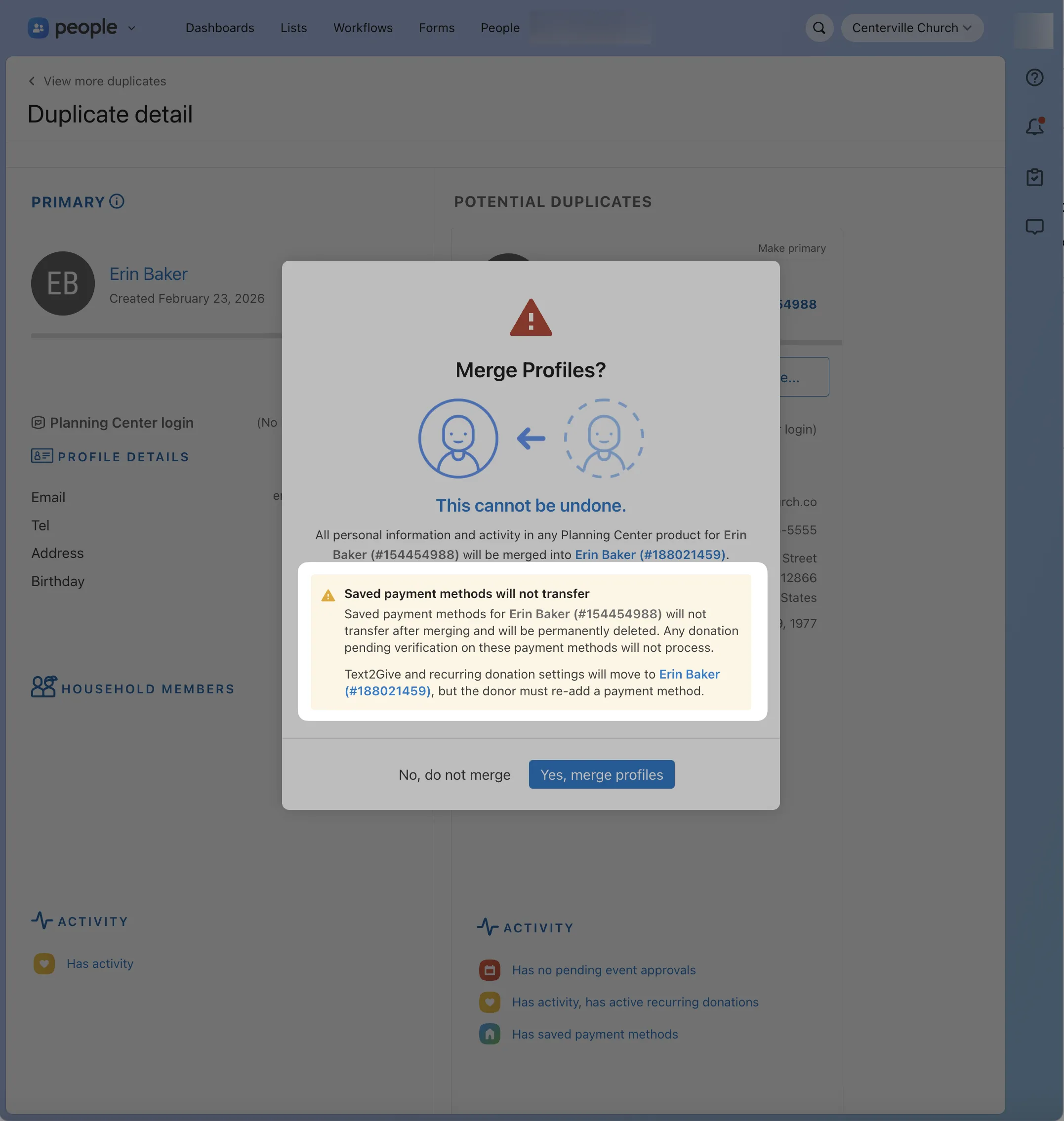 Notification screen about merging profiles, highlighting a warning that saved payment methods will not transfer. Options to merge or cancel.