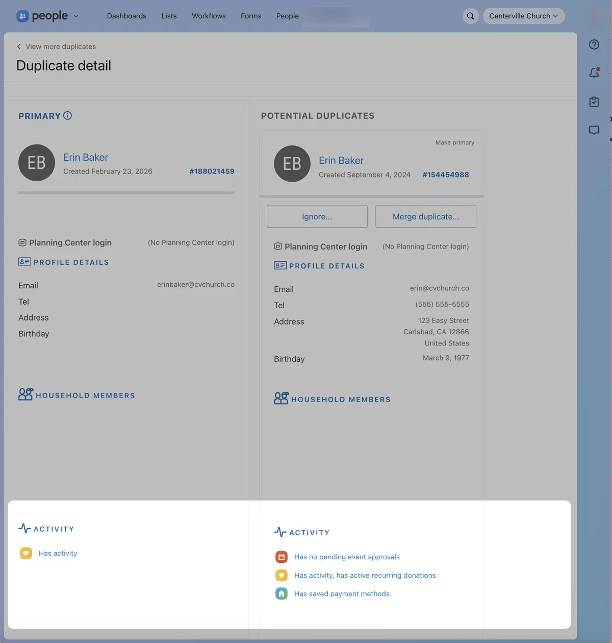 Screenshot of a duplicate detail page comparing two profiles with similar information, highlighting differences in activity status.