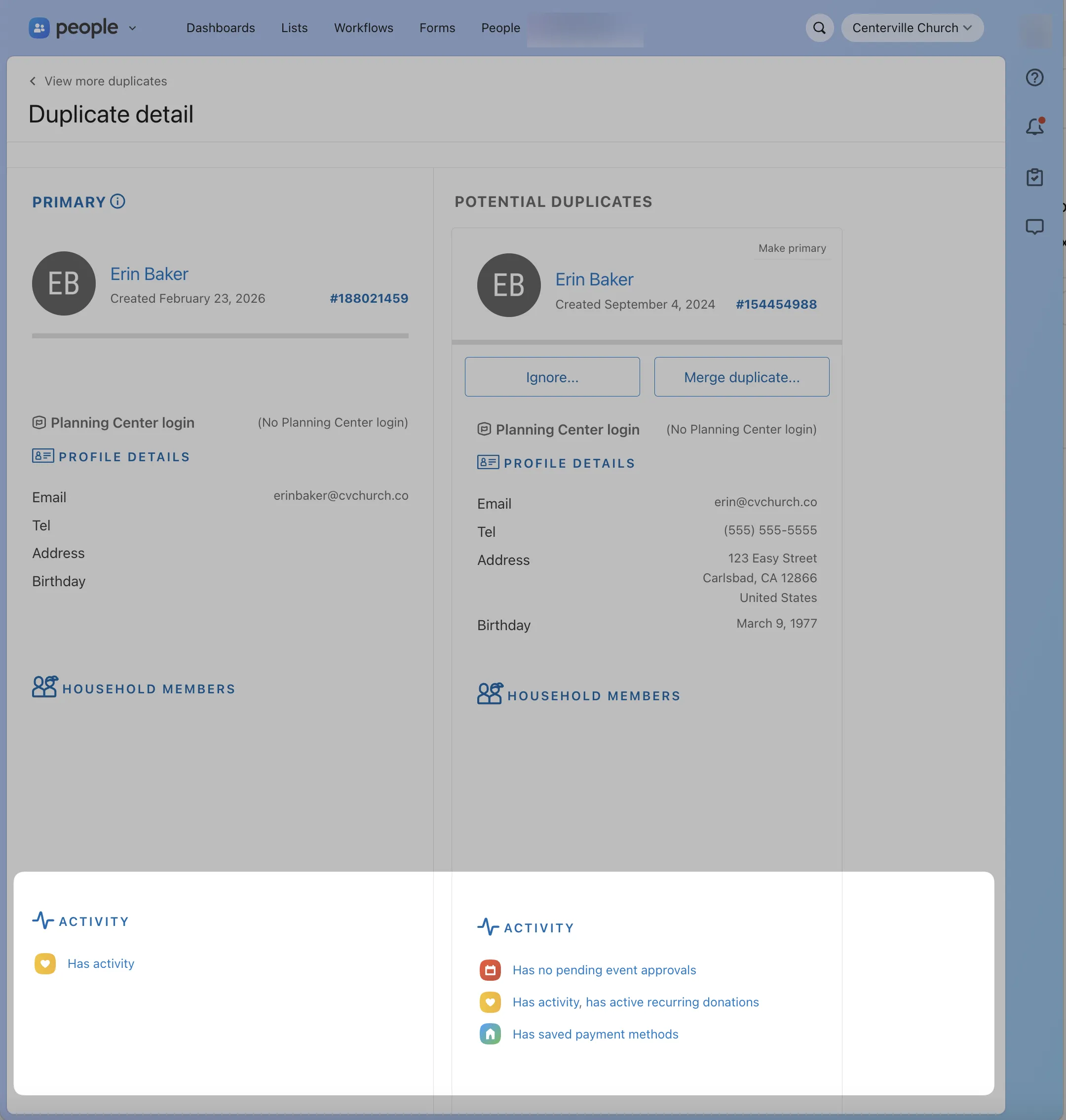 Screenshot of a duplicate detail page comparing two profiles with similar information, highlighting differences in activity status.