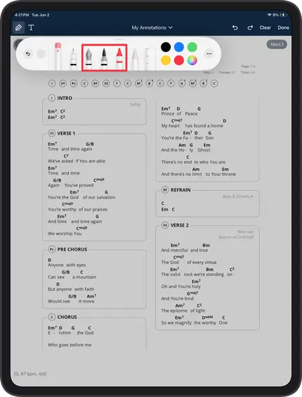 Digital sheet music displayed on a tablet screen, featuring chords, lyrics, and annotation tools at the top.