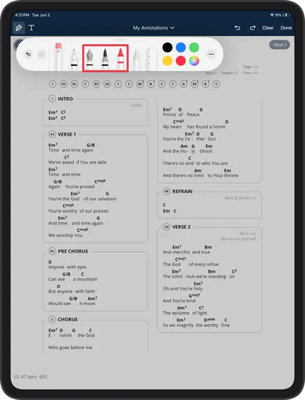Digital sheet music displayed on a tablet screen, featuring chords, lyrics, and annotation tools at the top.