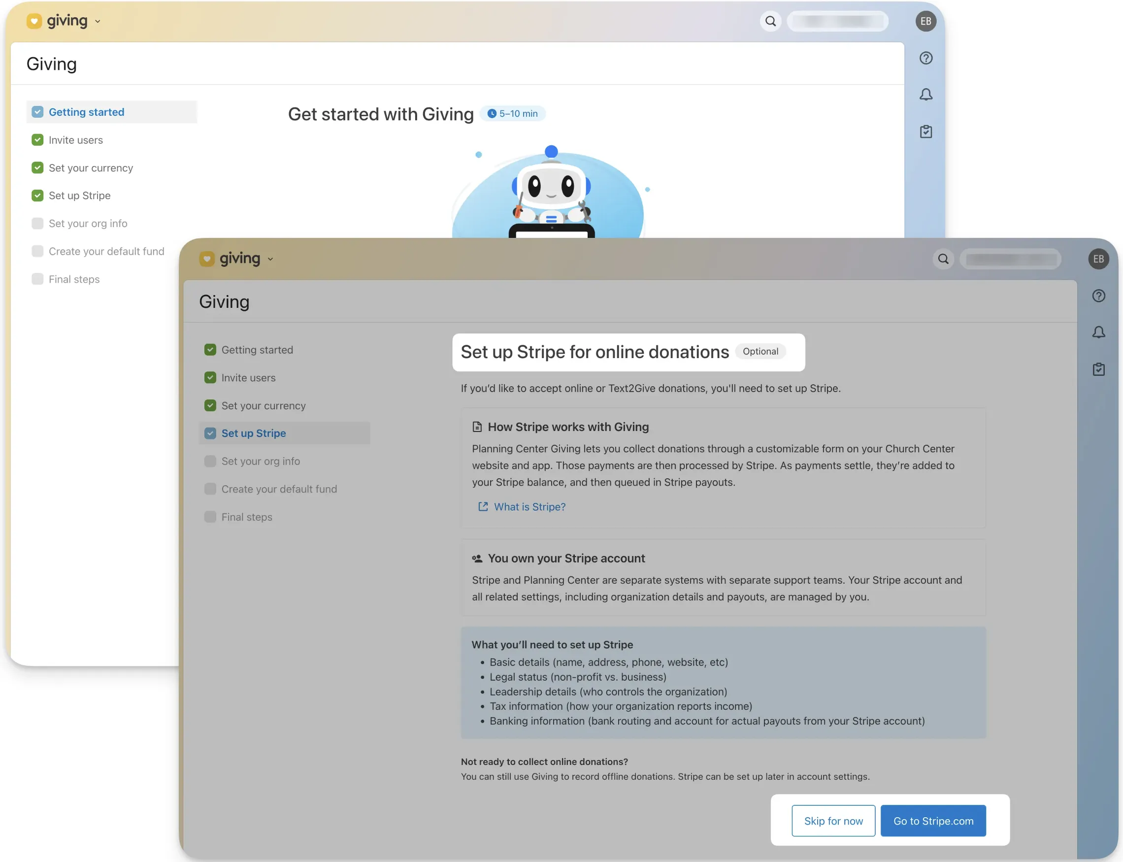 Two overlaying screenshots of a setup process for online donations via Stripe. Includes steps like setting currency and connecting a Stripe account.