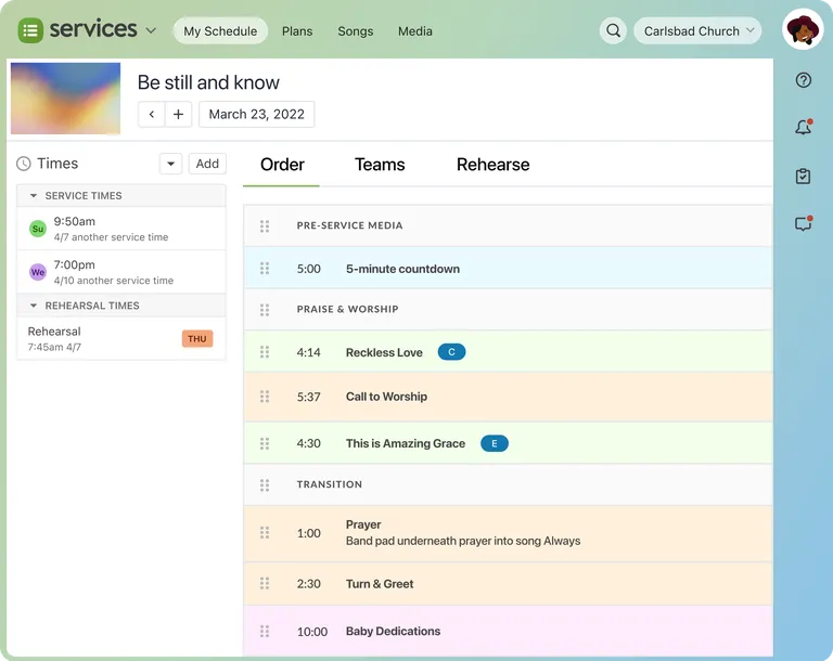 Scheduling interface showing a church service plan with times, activities, and sections like "Call to Worship" and "Prayer" on March 23, 2022.