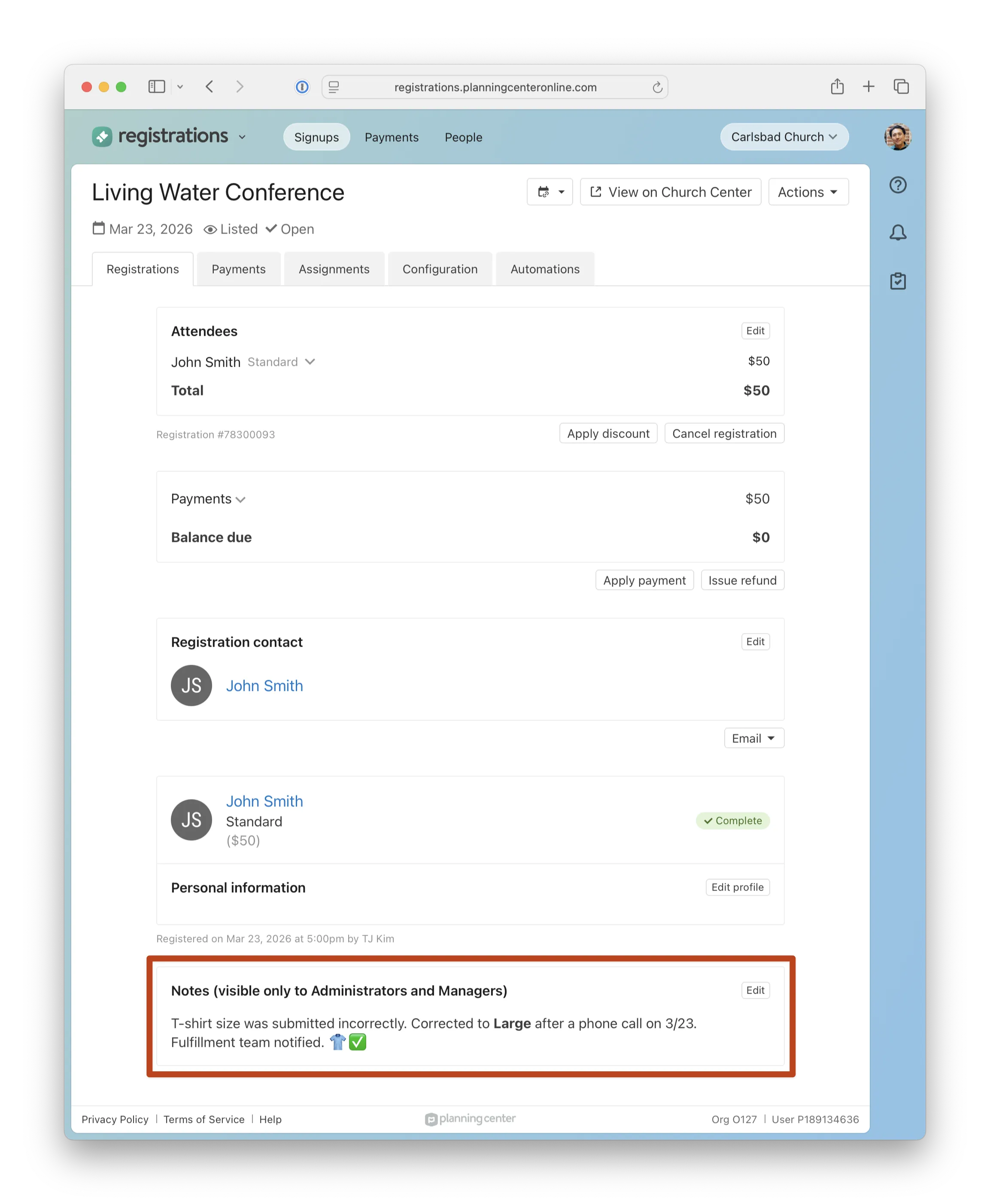 Screenshot of a registration. Shows attendee info, payment details, and a registration note about submission error correction, which is only visible to admins and managers.