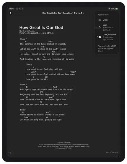 Song lyrics and chords for "How Great Is Our God" by Chris Tomlin, Jesse Reeves, and Ed Cash, displayed on a dark inverted background.
