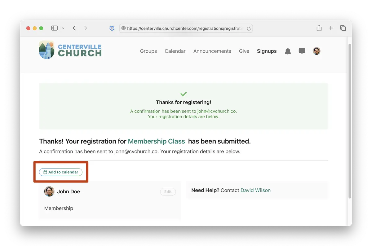 Planning Center Church Center Confirmation screen for Centerville Church's Membership Class registration, including an "Add to calendar" button and contact info for assistance.