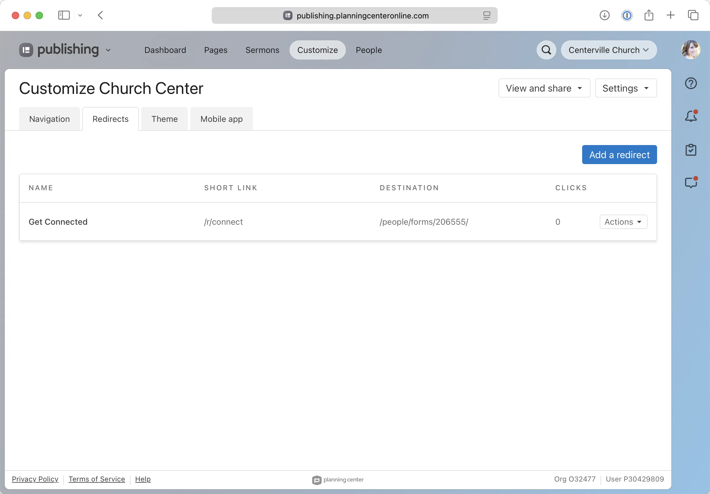 Webpage for customizing Church Center, showing a redirect link list with options to add new redirects.