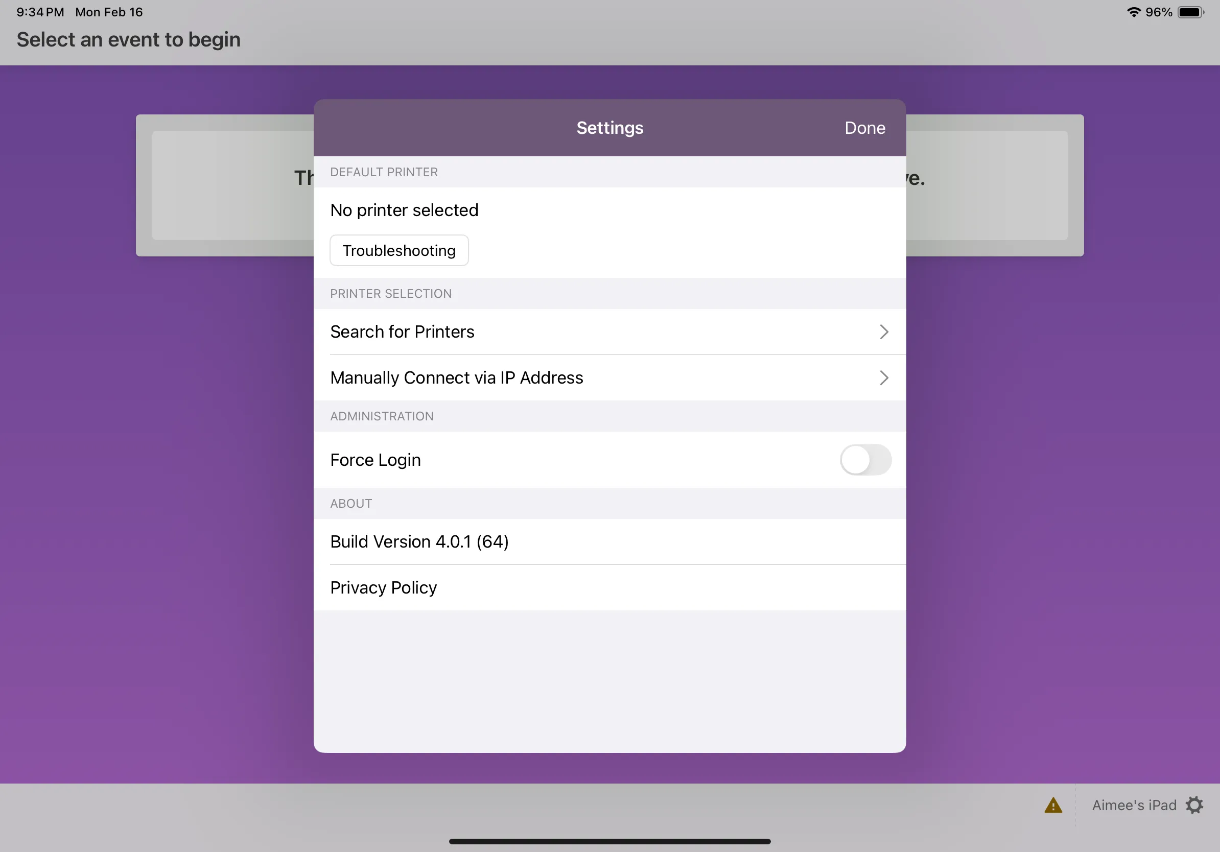 Tablet screen displaying a settings menu with options for printer selection and administration on a purple background.