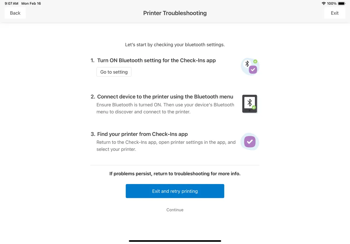 Printer troubleshooting guide on a tablet screen with Bluetooth setup instructions and troubleshooting options.