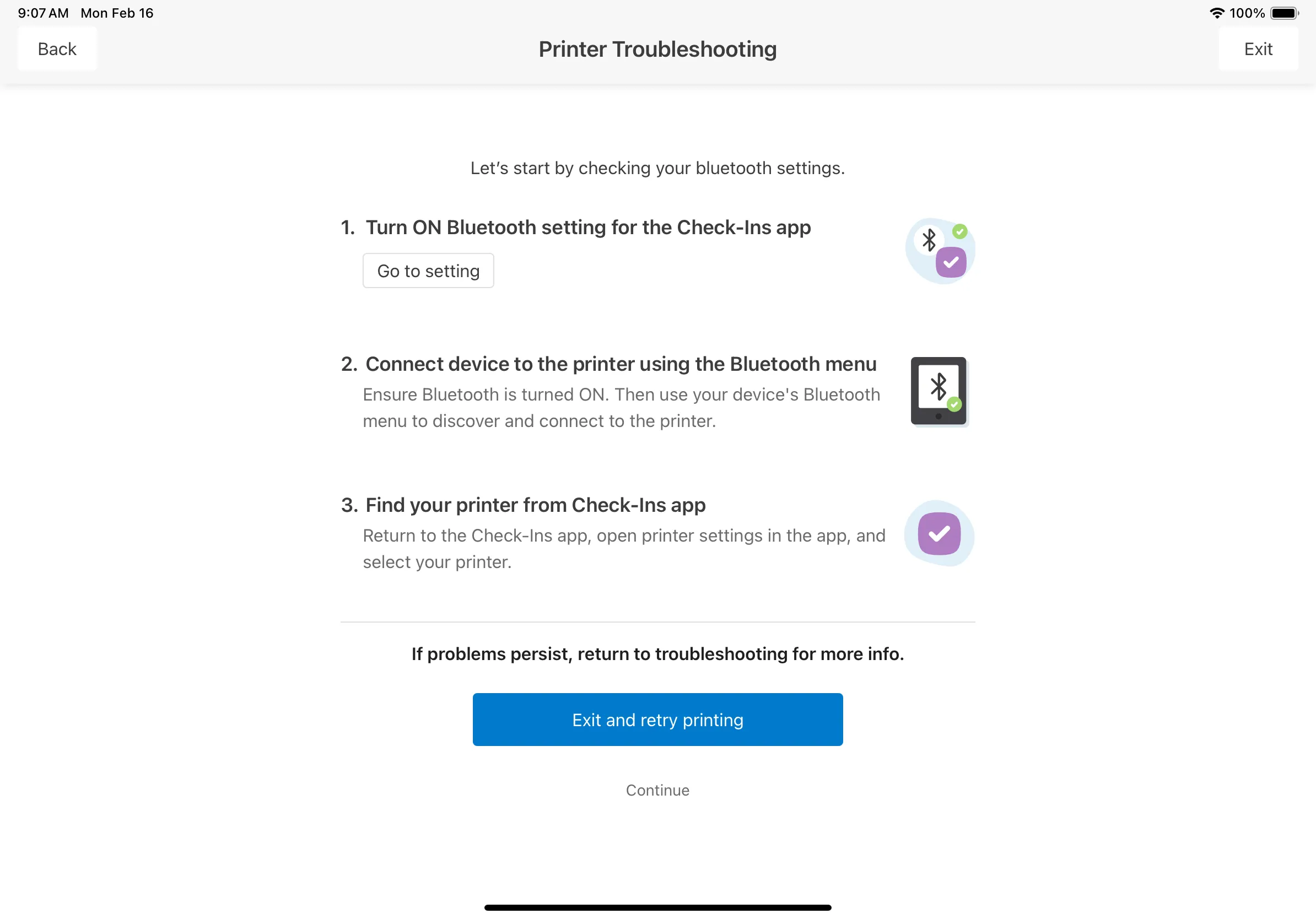 Printer troubleshooting guide on a tablet screen with Bluetooth setup instructions and troubleshooting options.
